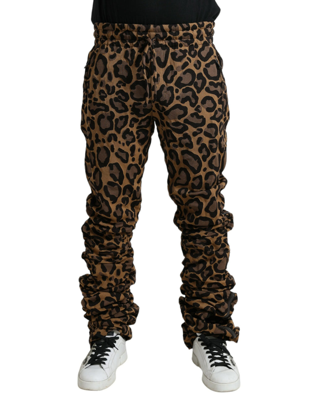 Pantalons jogger Dolce & Gabbana en jacquard léopard brun, style décontracté avec ceinture elastique et poches latérales