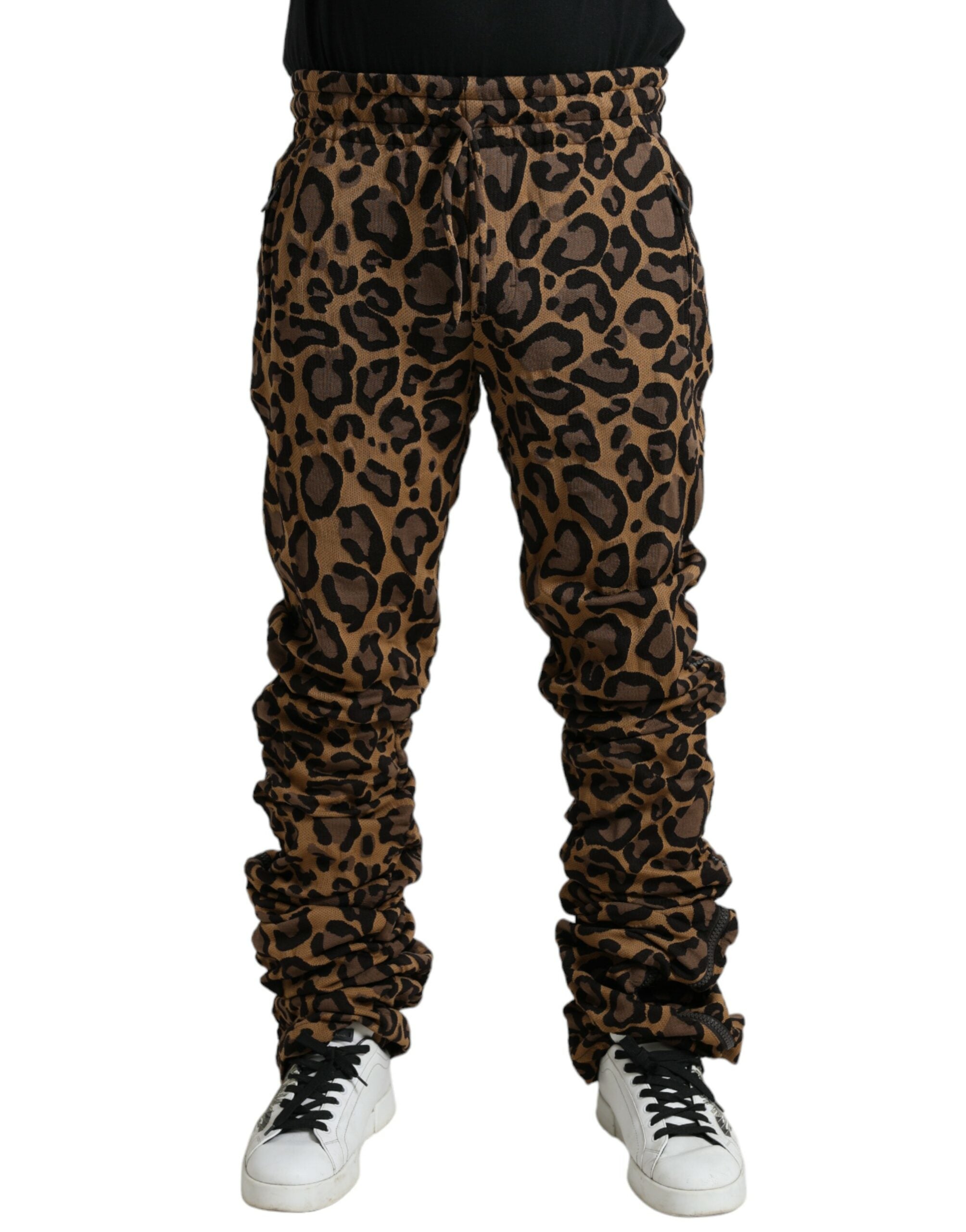 Pantalons jogger Dolce & Gabbana en jacquard léopard brun, style décontracté avec ceinture elastique et poches latérales
