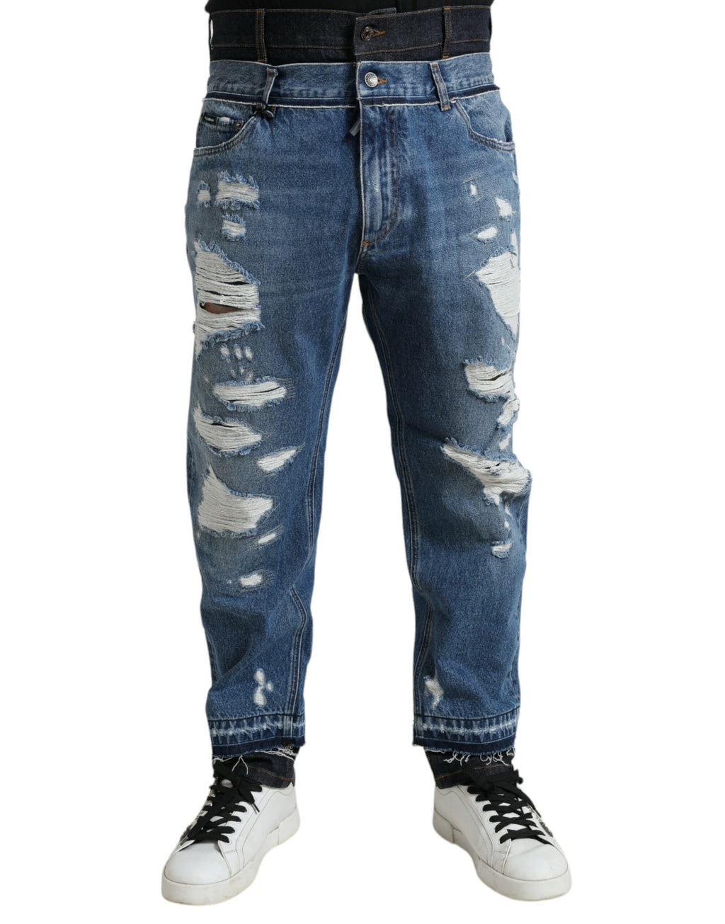 Jeans homme en denim bleu déchiré Dolce & Gabbana en coton, style décontracté et tendance.
