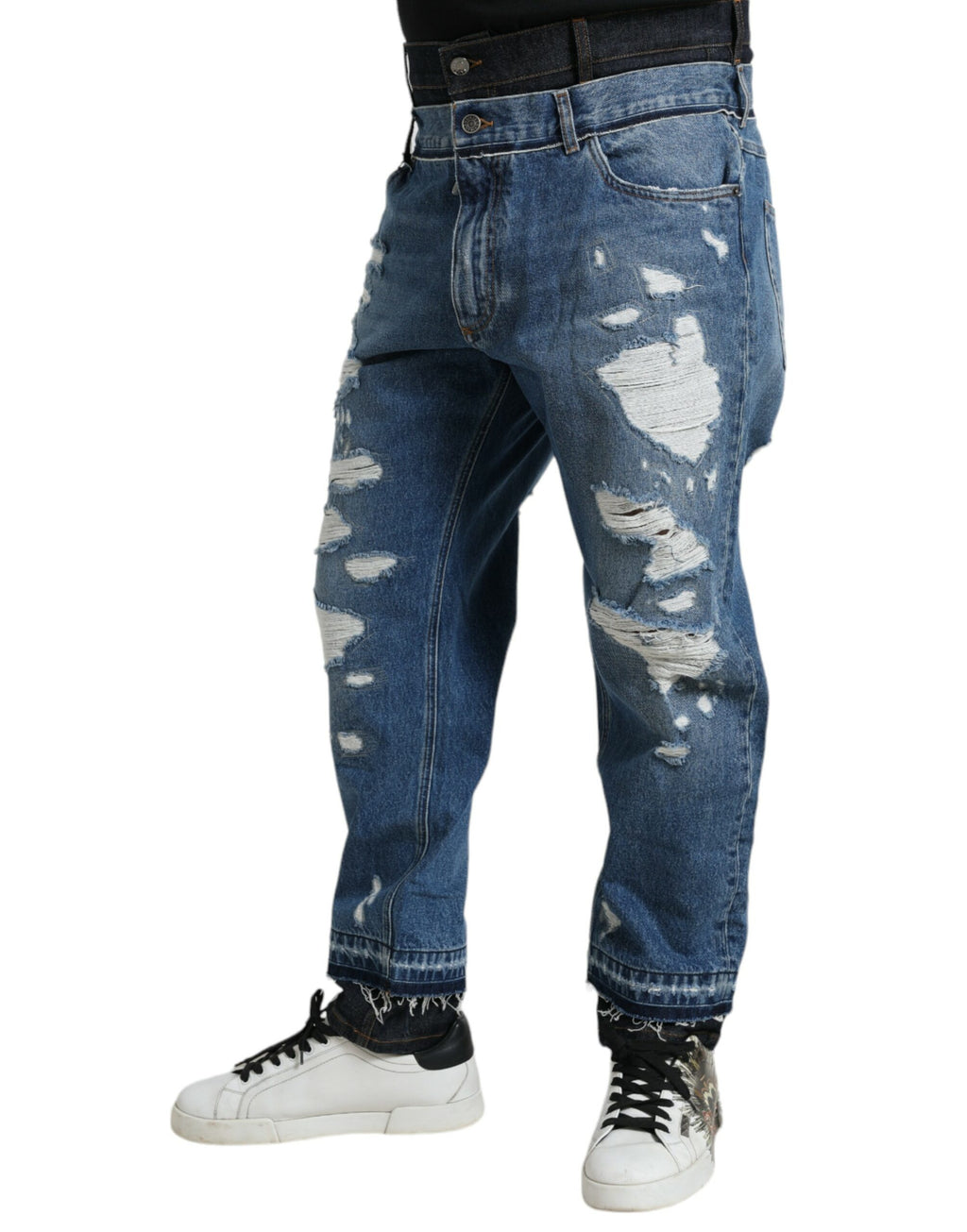 Jeans pour homme en denim bleu déchiré de Dolce & Gabbana, en coton tissé avec détails usés et style décontracté.