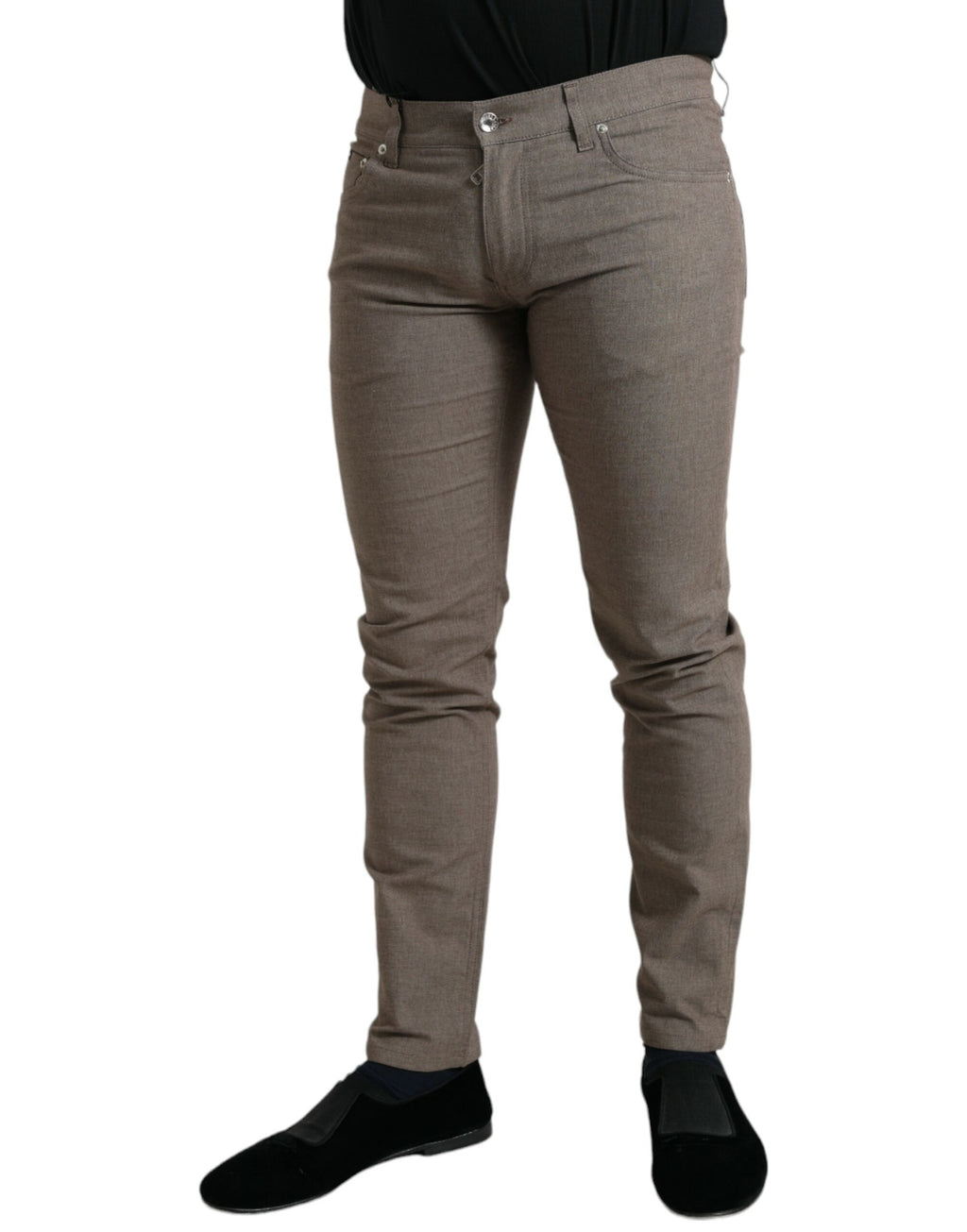 Pantalon homme Dolce & Gabbana en coton marron, coupe skinny, extensible et ajustée, vue de face sur fond neutre.
