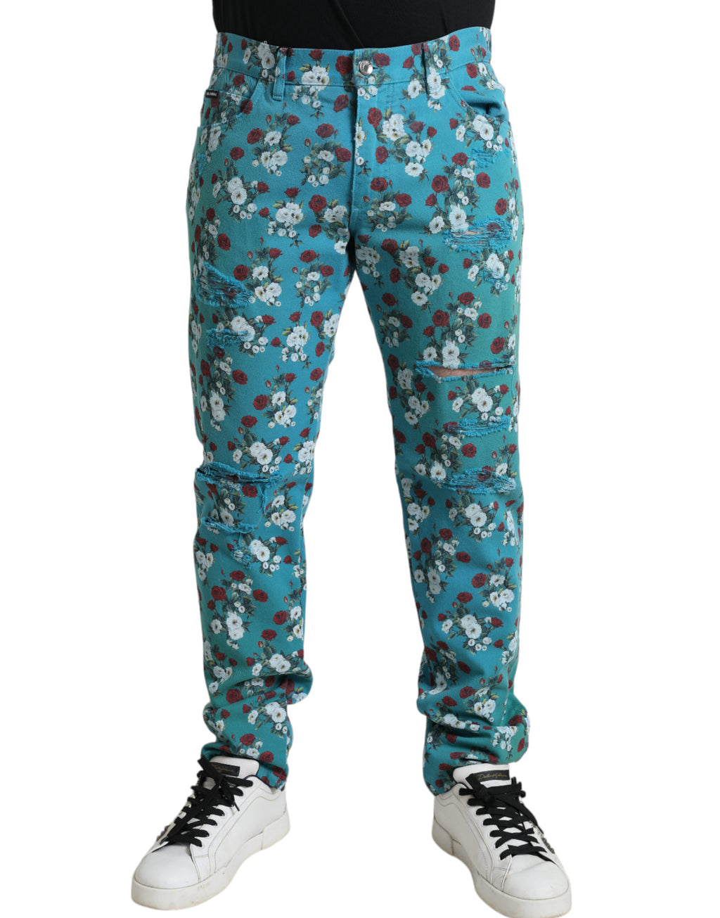Pantalon skinny en coton denim à motif floral bleu de Dolce & Gabbana, pantalon élégant pour femmes.