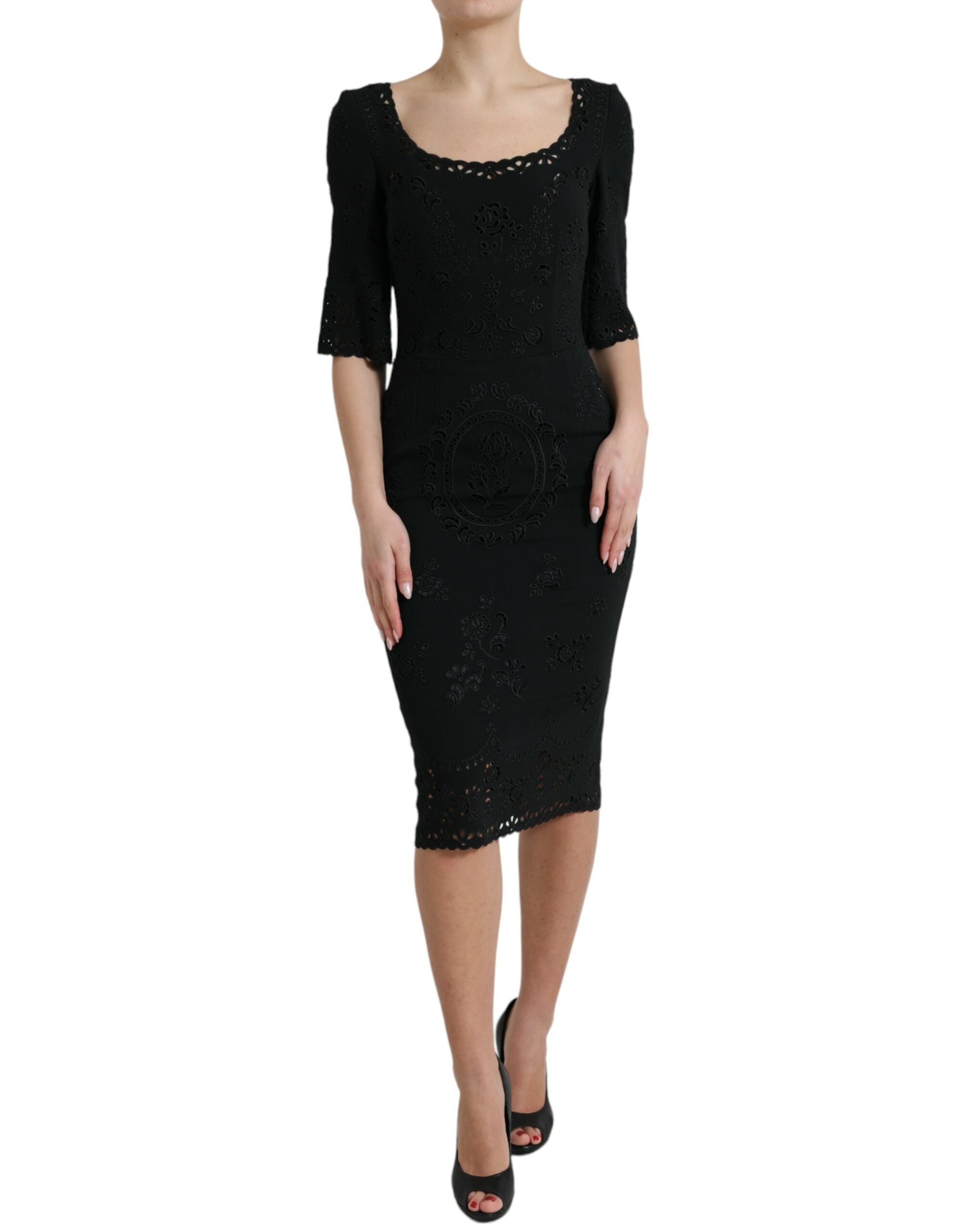 Robe midi noire Dolce & Gabbana en viscose avec dentelle florale, coupe bodycon, élégante et féminine.