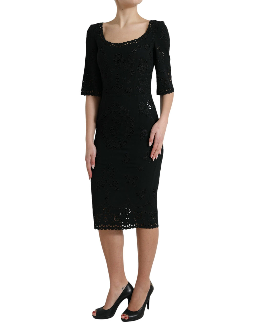 Robe midi noire en viscose avec dentelle florale Dolce & Gabbana, coupe ajustée et élégante.