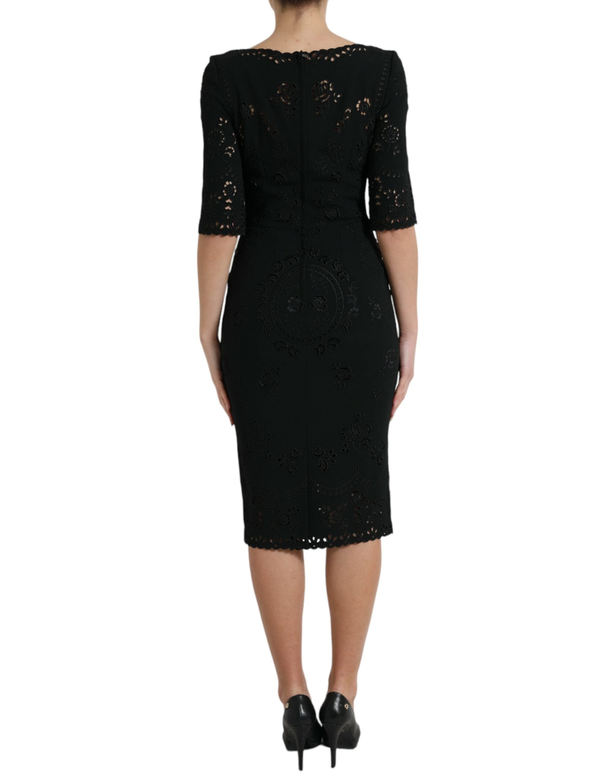 Robe midi noire en viscose avec dentelle florale Dolce & Gabbana, coupe bodycon élégante et sophistiquée.