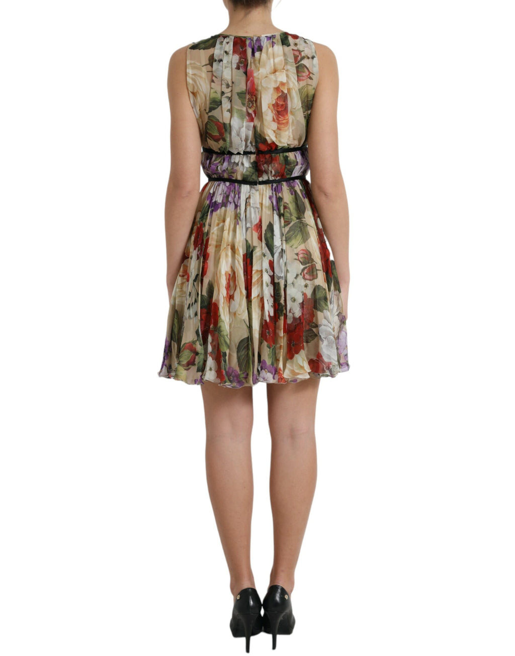 Robe mini sans manches Dolce & Gabbana beige à fleurs, coupe évasée A-line, détails floraux élégants.