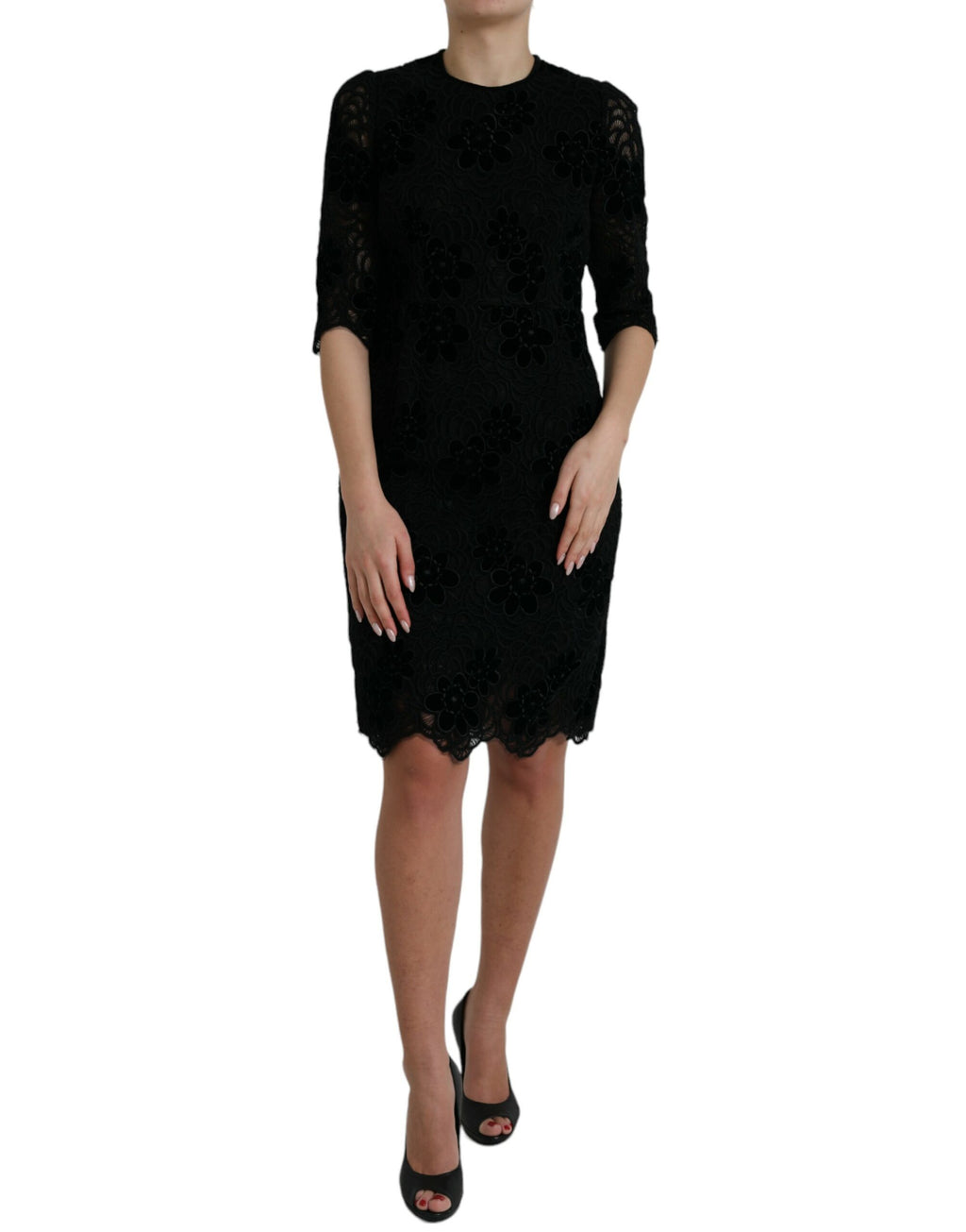 Robe droite en coton noir à fleurs en dentelle Dolce & Gabbana, silhouette ajustée et élégante.