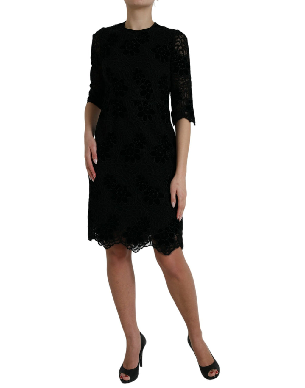 Robe moulante en coton noir avec dentelle florale Dolce & Gabbana, élégante et féminine, visible avec détails de dentelle.