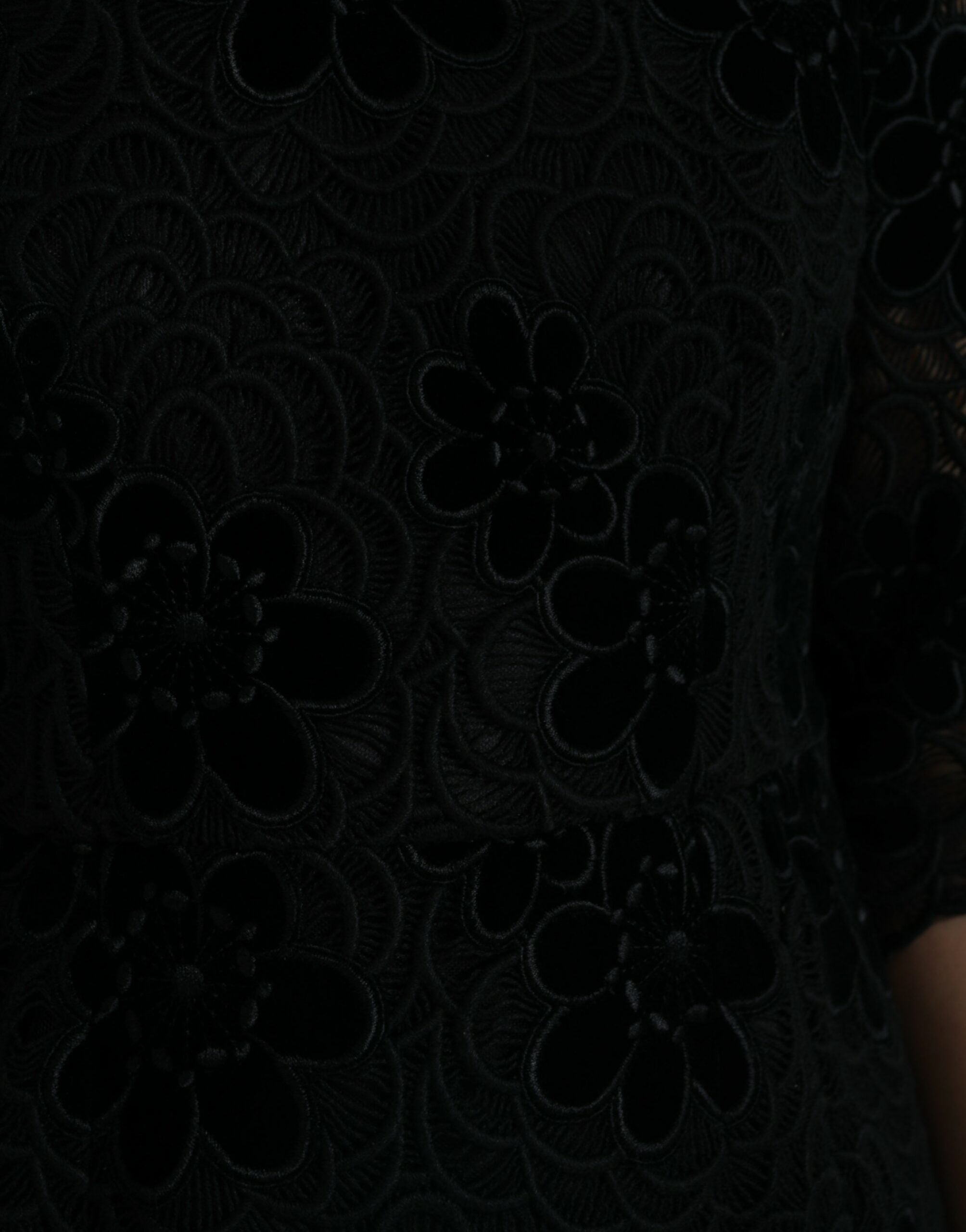 Robe moulante en coton noir avec dentelle florale Dolce & Gabbana, design élégant et féminin.