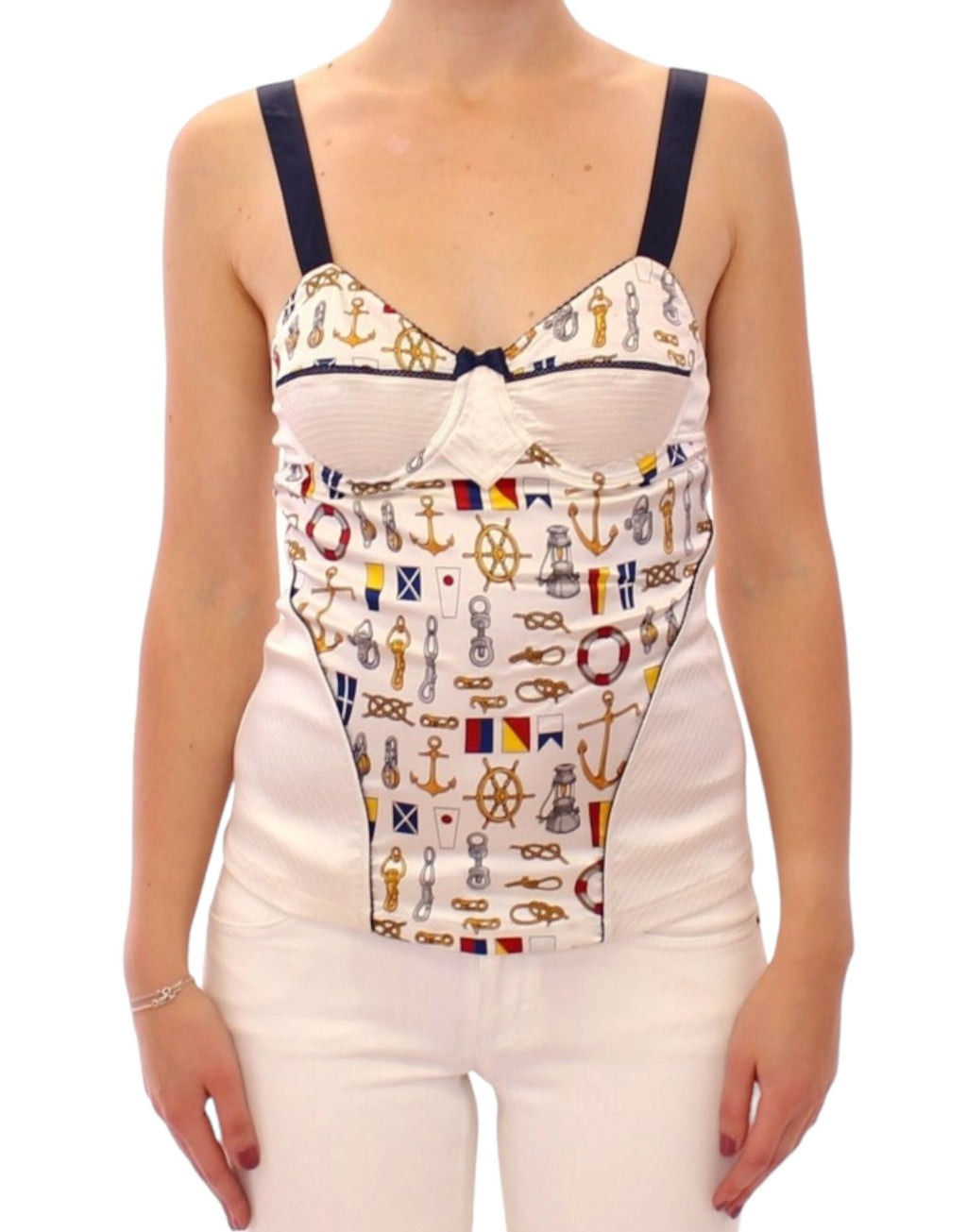 Débardeur blanc Dolce & Gabbana à motif marin, en coton léger, avec col en V et logo brodé, porté sur un mannequin.