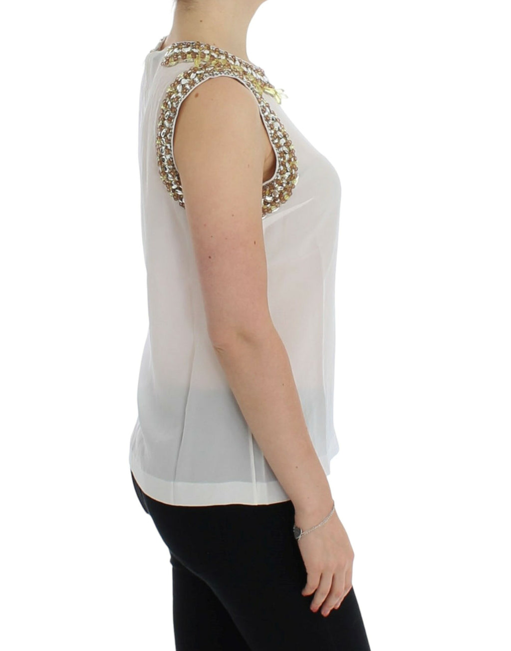 Tank top blanc Dolce & Gabbana orné de cristaux, vêtement élégant et tendance pour femmes.