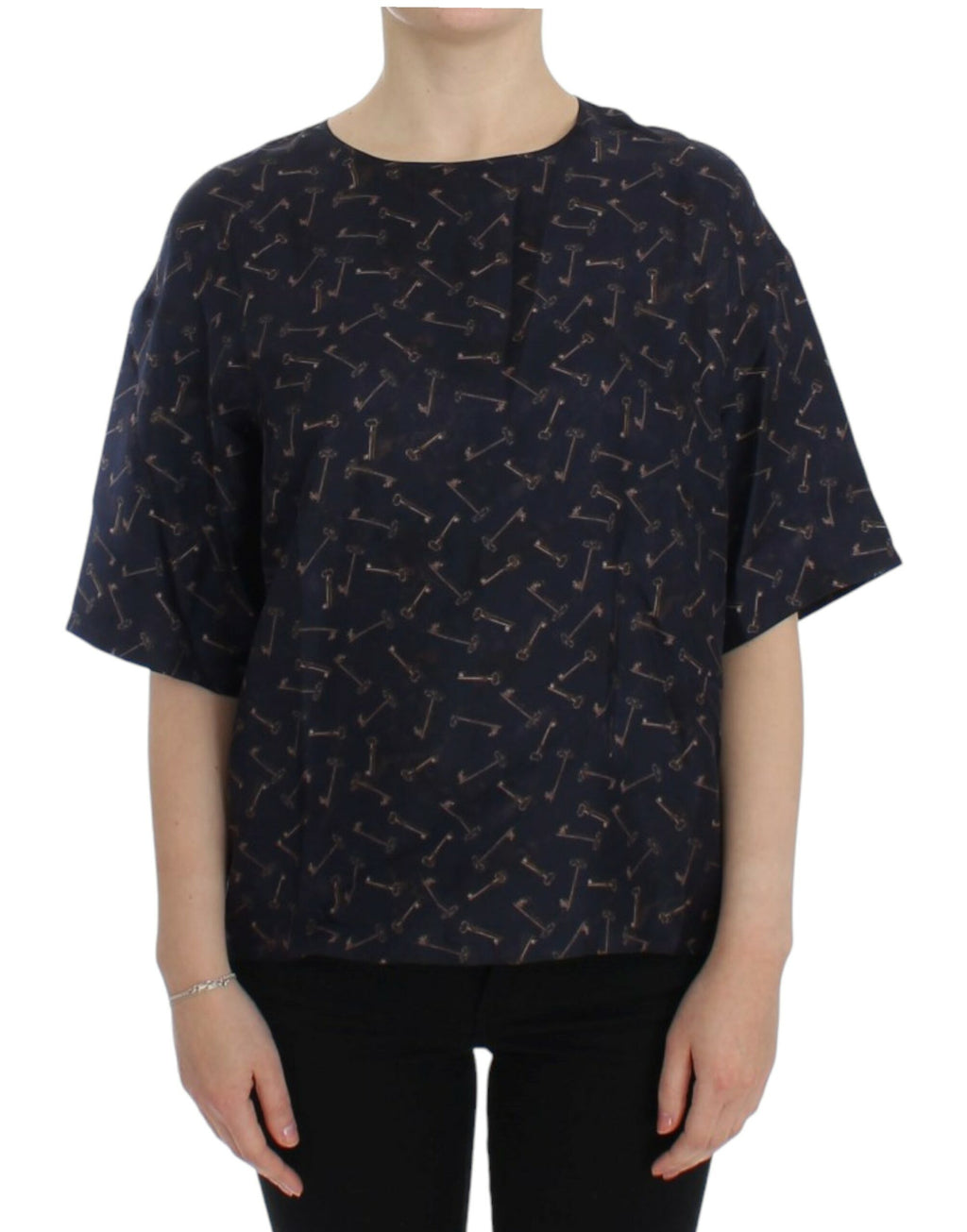 Blouse en soie Dolce & Gabbana à motif clé bleu et or, vêtement élégant avec détails sophistiqués visible sur l'image.