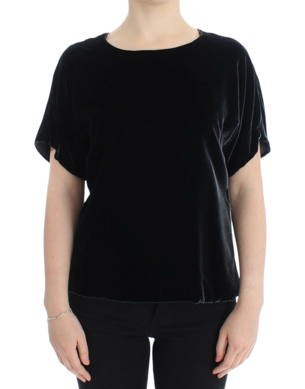 Blouse noire en velours à manches courtes de Dolce & Gabbana, élégante et raffinée, avec détails sophistiqués.