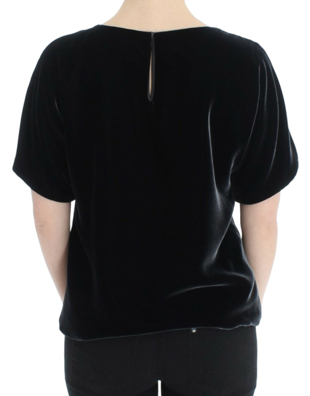 Blouse noire en velours à manches courtes de Dolce & Gabbana, élégante et raffinée, vue de face.