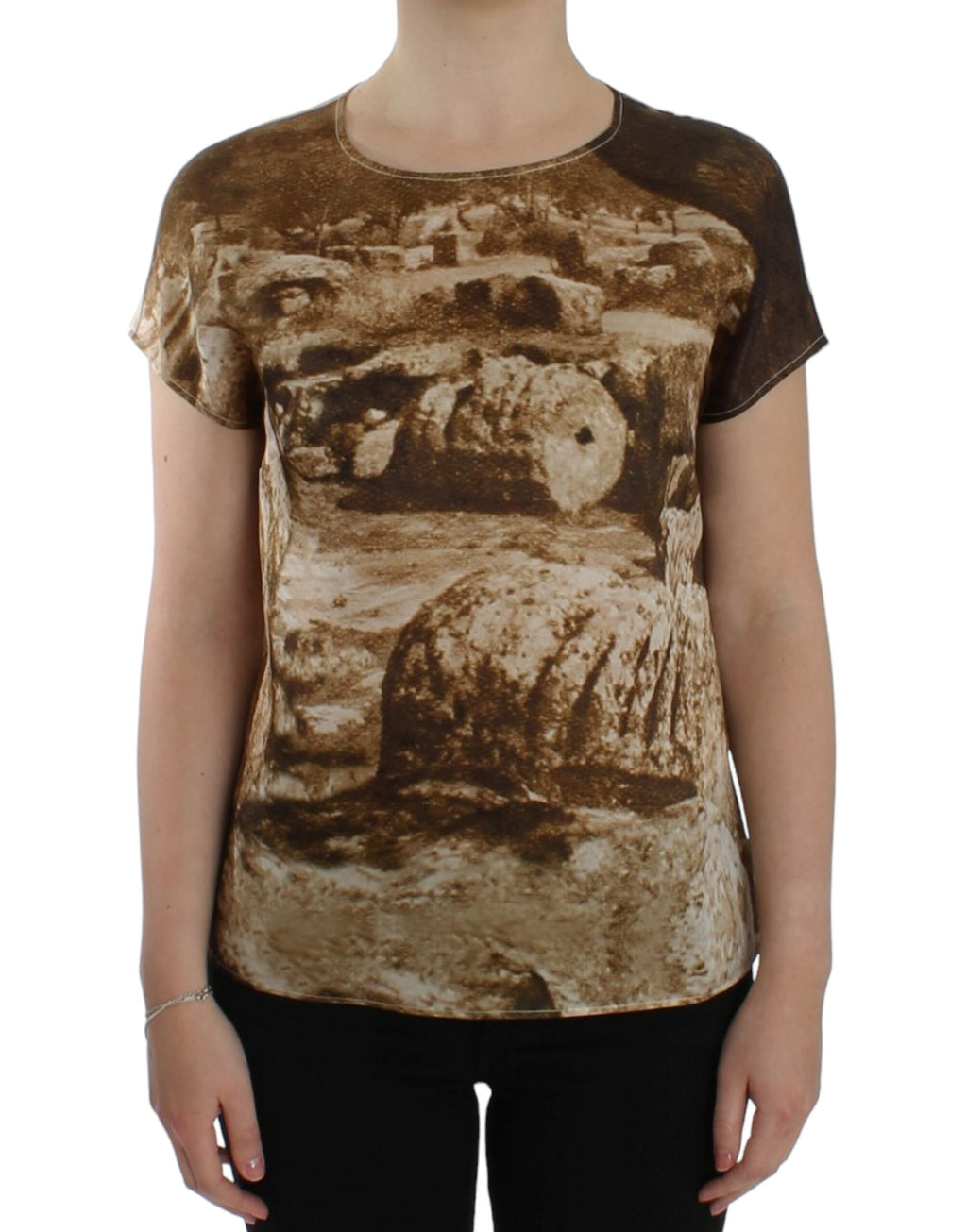 Blouse en soie marron Taormina de Dolce & Gabbana, coupe élégante et détails sophistiqués visibles sur l'image.