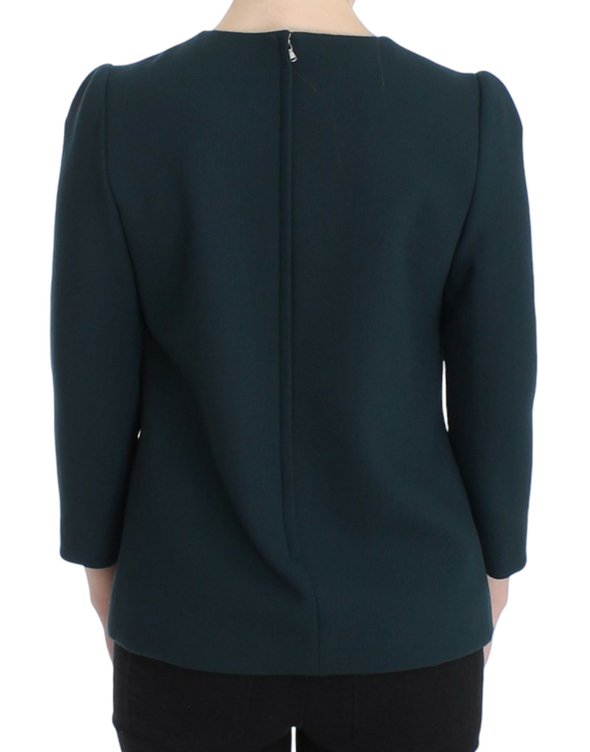 Chemise en laine verte Dolce & Gabbana à manches 3/4, élégante et sophistiquée, portée ou affichée sur un mannequin.