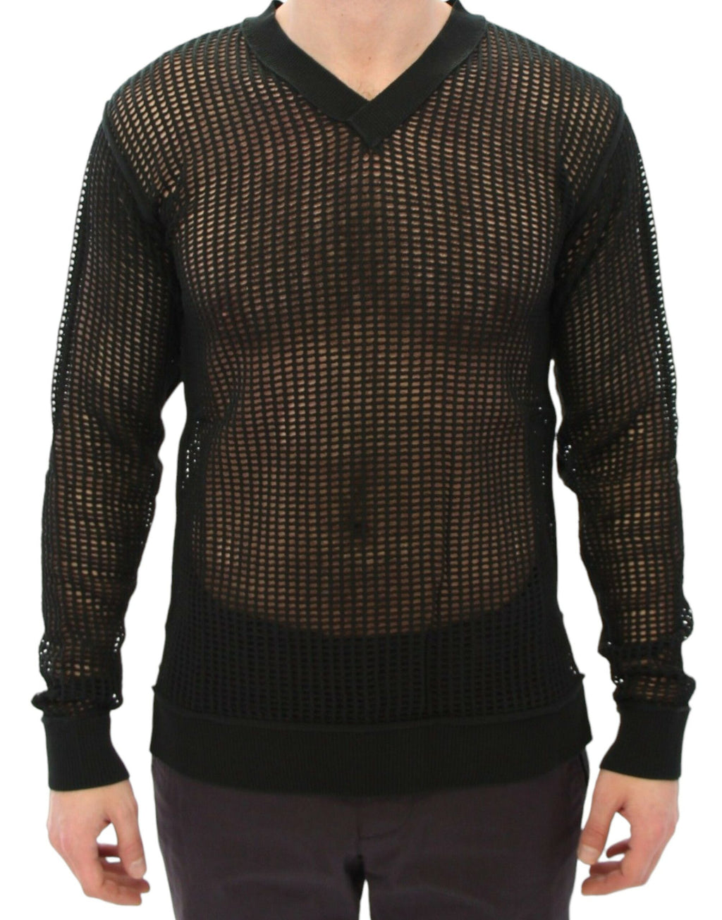Pull à maille noire et verte Dolce & Gabbana, pull-over en filet à la mode, détail en maille fine, style runway élégant.