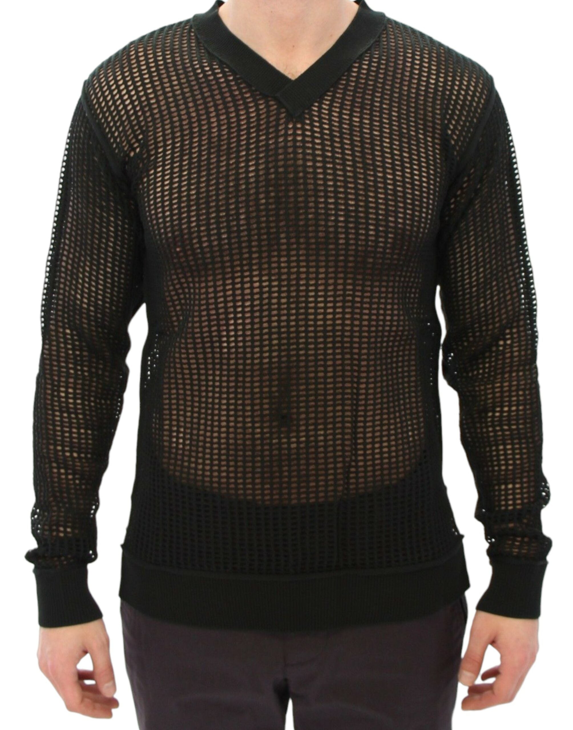 Pull à maille noire et verte Dolce & Gabbana, pull-over en filet à la mode, détail en maille fine, style runway élégant.