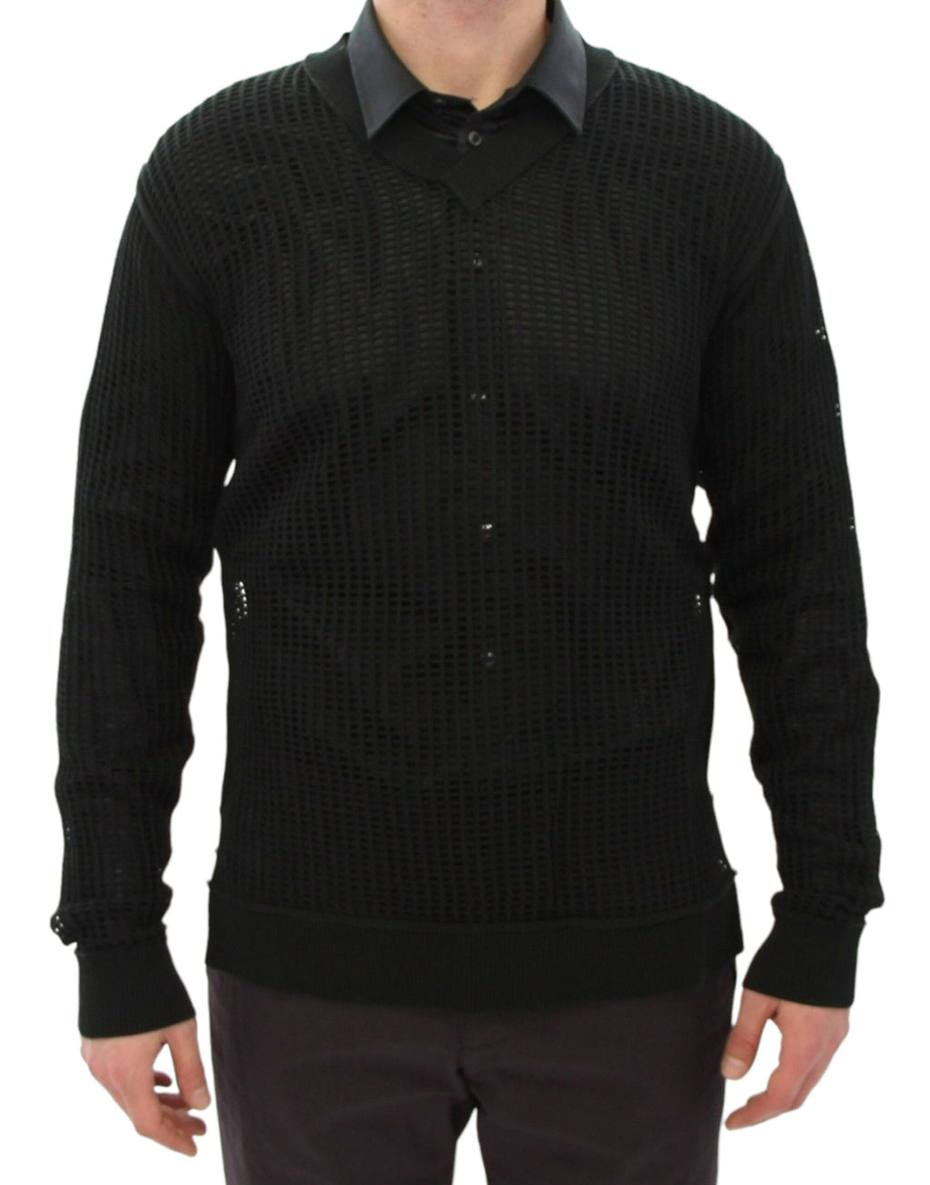 Pull-over noir et vert foncé de Dolce & Gabbana en mesh à la mode runway, avec un design en filet élégant.