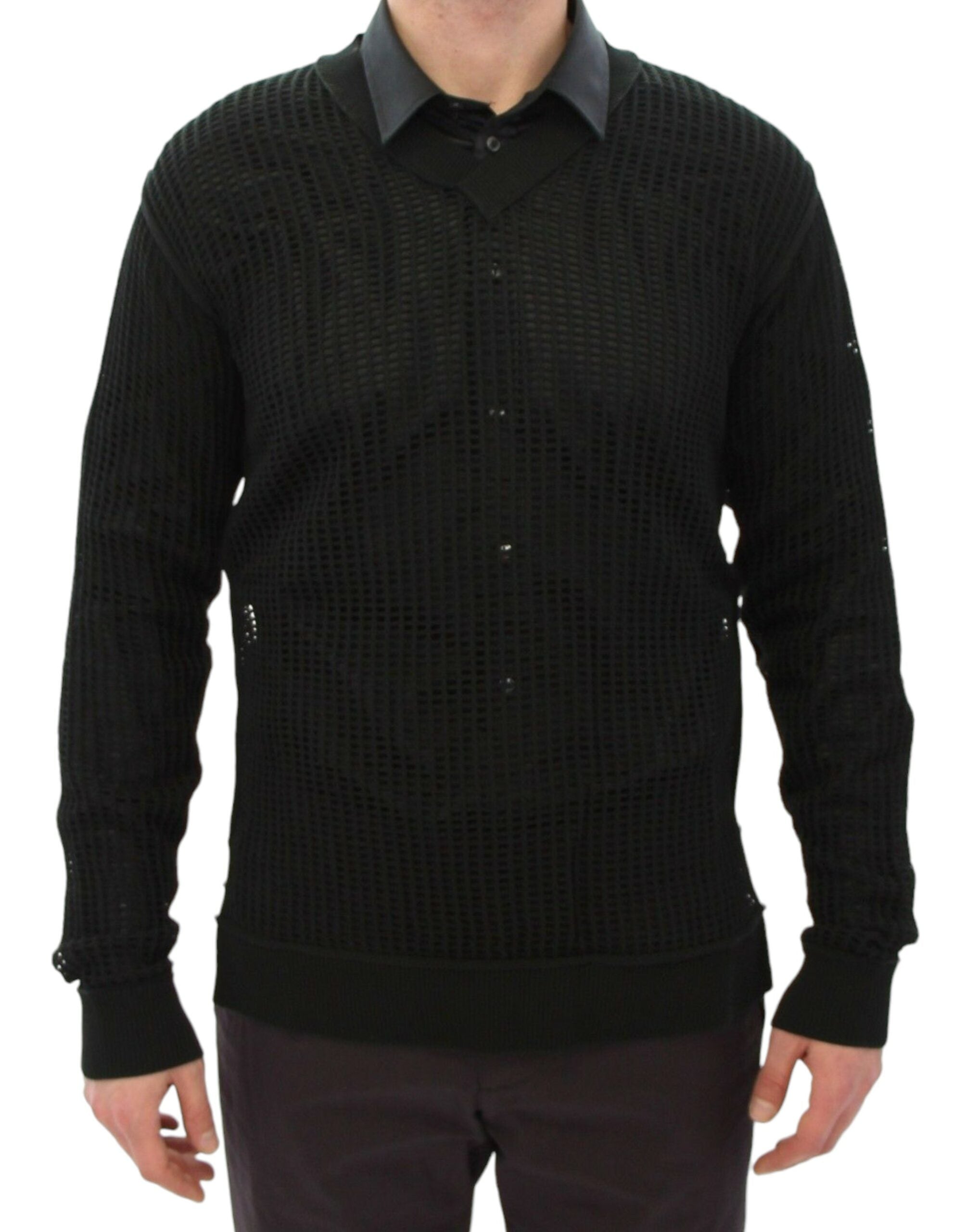 Pull-over noir et vert foncé de Dolce & Gabbana en mesh à la mode runway, avec un design en filet élégant.