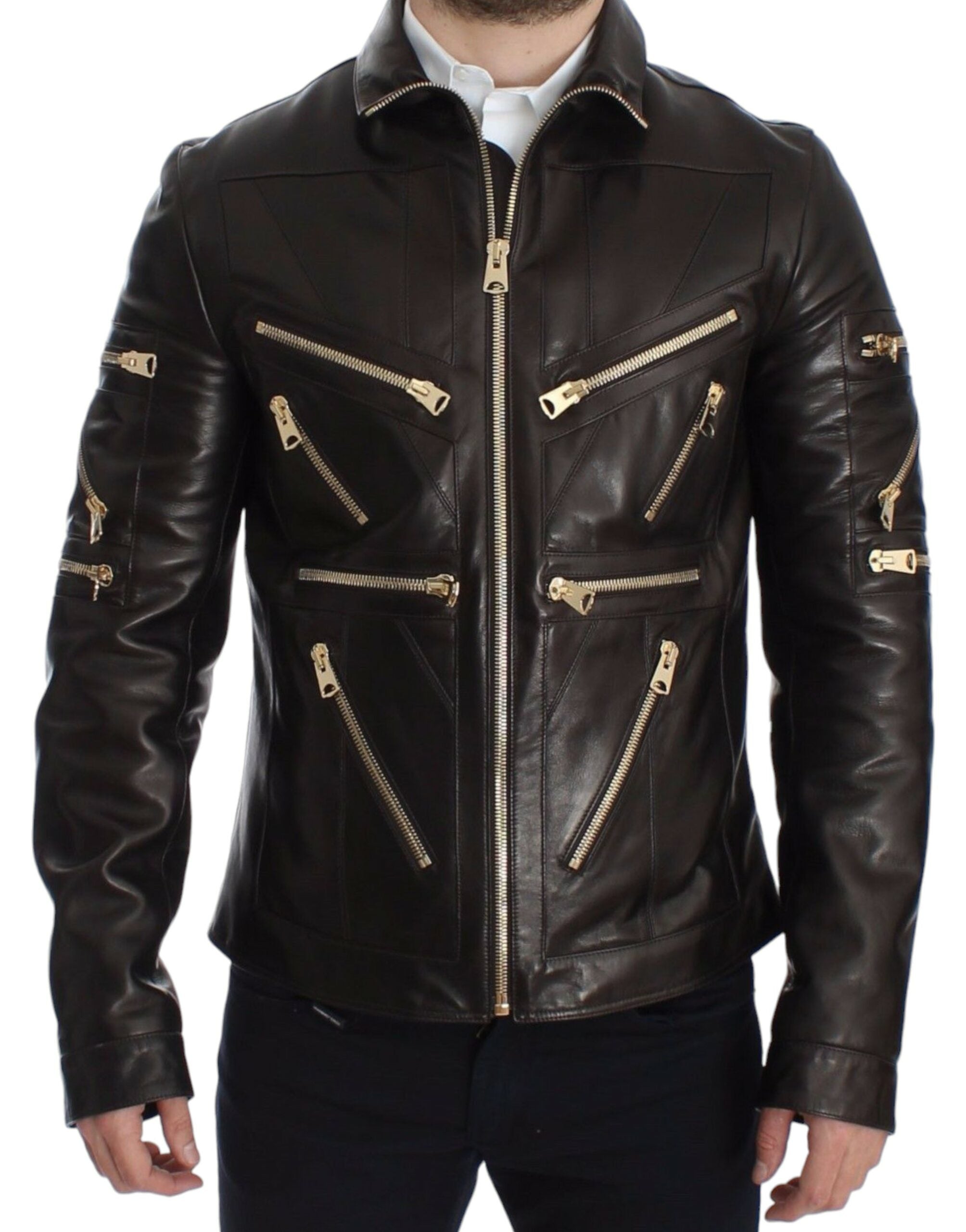 Veste en cuir d'agneau marron Dolce & Gabbana avec fermeture éclair, détail élégant et coupe moderne.