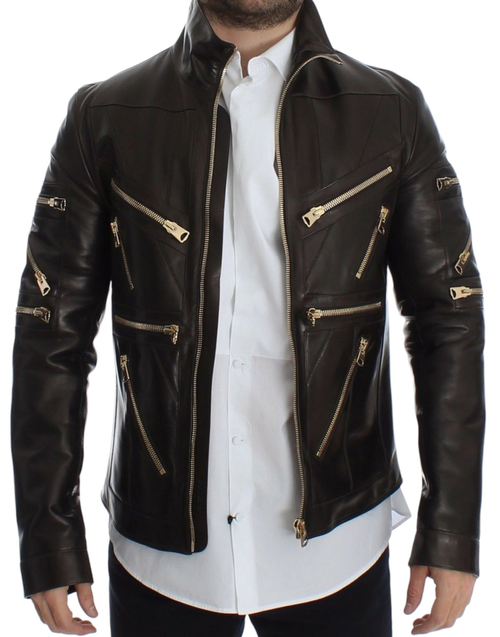 Veste en cuir d'agneau marron Dolce & Gabbana avec fermeture éclair, style élégant et finition soignée visible sur l'image.