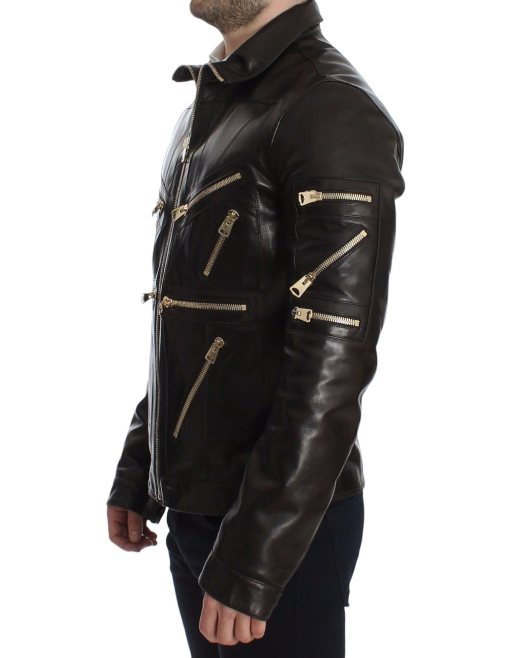 Blouson en cuir d'agneau marron de Dolce & Gabbana avec fermeture éclair, vue de face sur veste élégante et sophistiquée.