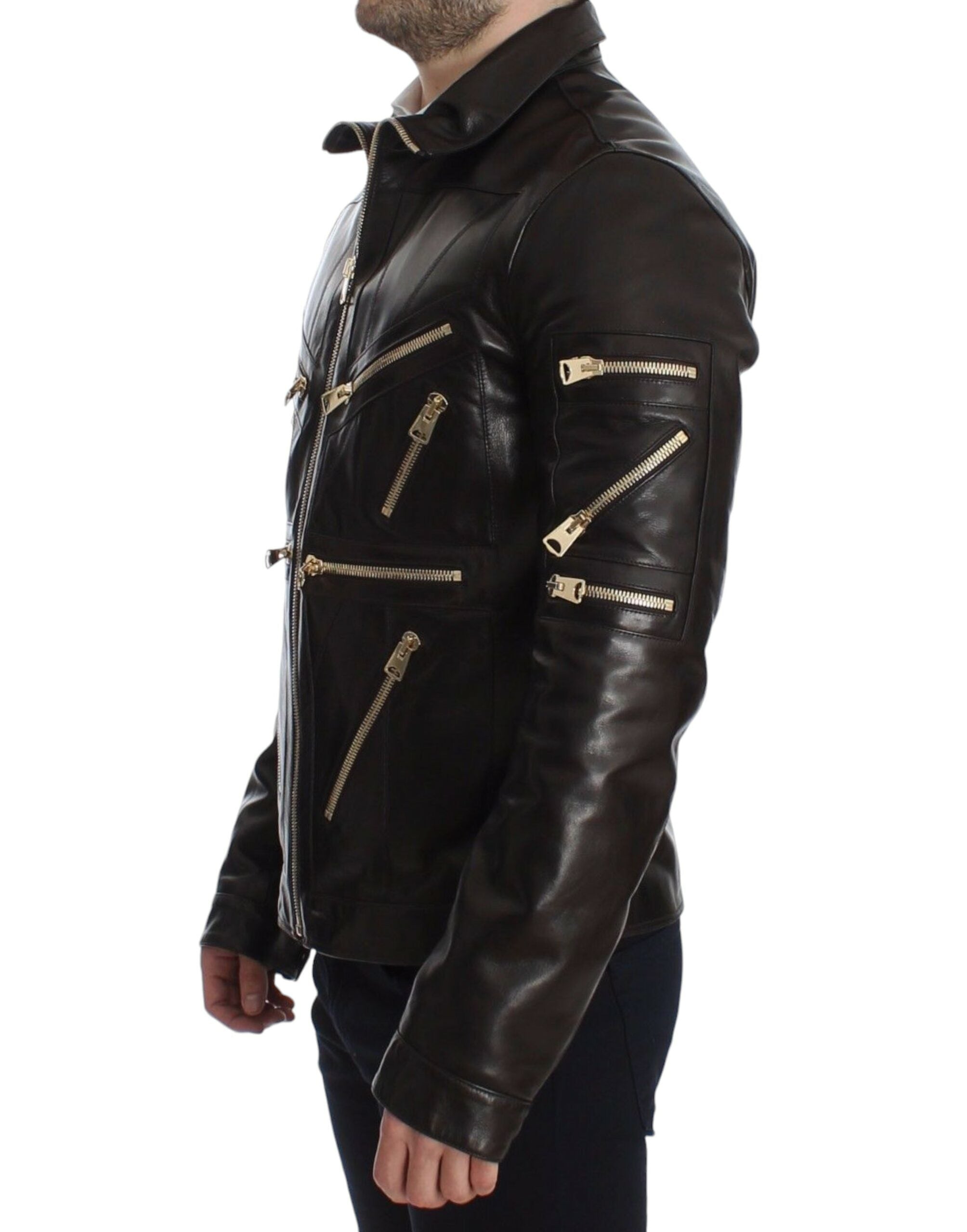 Blouson en cuir d'agneau marron de Dolce & Gabbana avec fermeture éclair, vue de face sur veste élégante et sophistiquée.