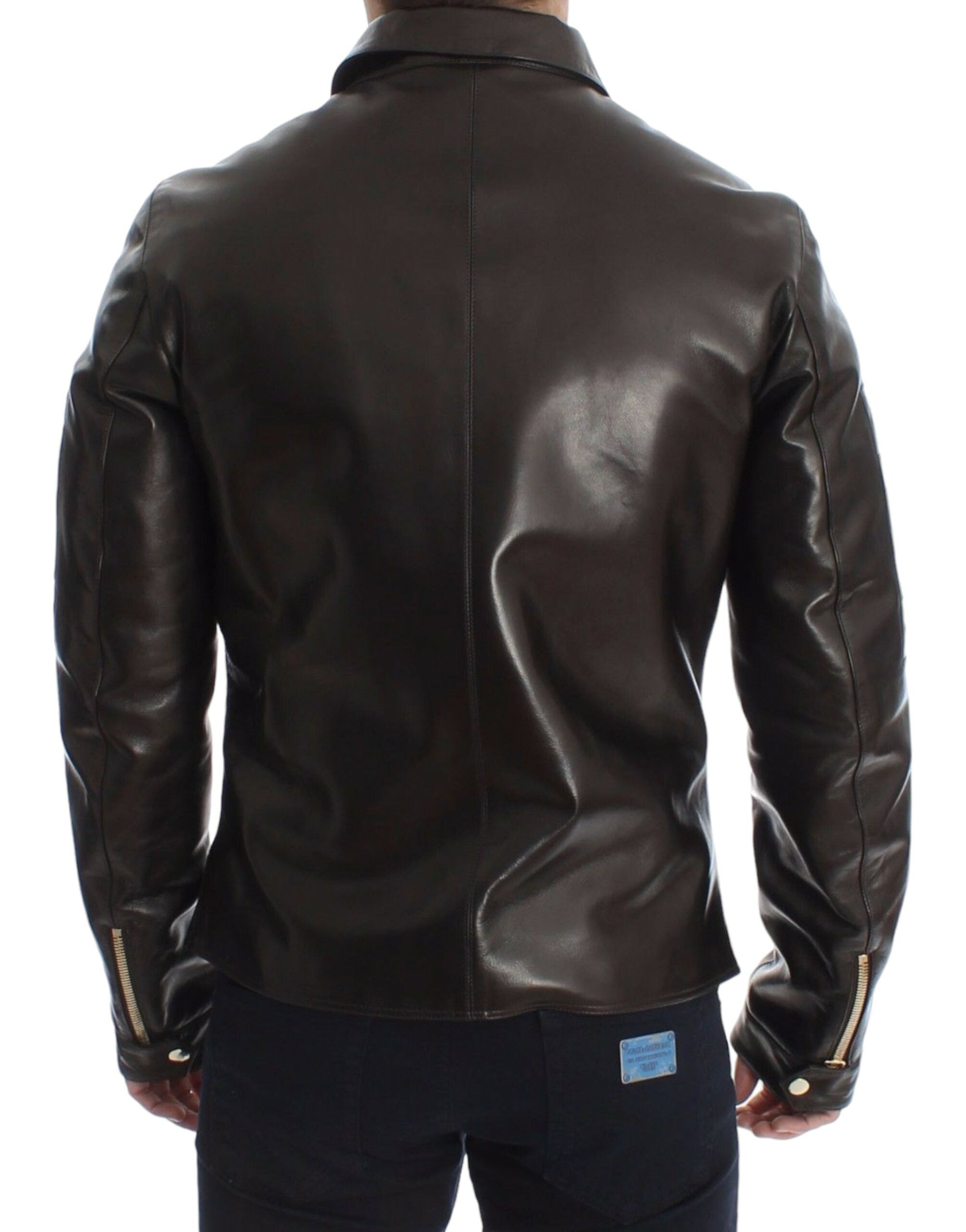 Veste en cuir d'agneau marron Dolce & Gabbana avec fermeture éclair, style élégant et finition de haute qualité.