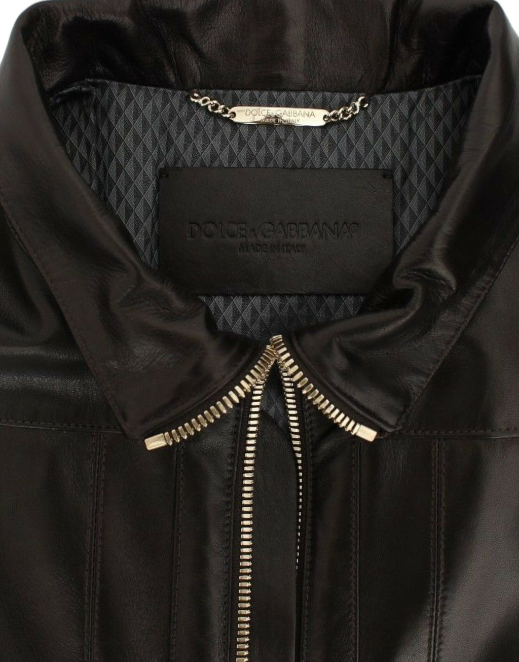 Veste en cuir d'agneau marron Dolce & Gabbana avec fermeture éclair, style élégant et détails sophistiqués.