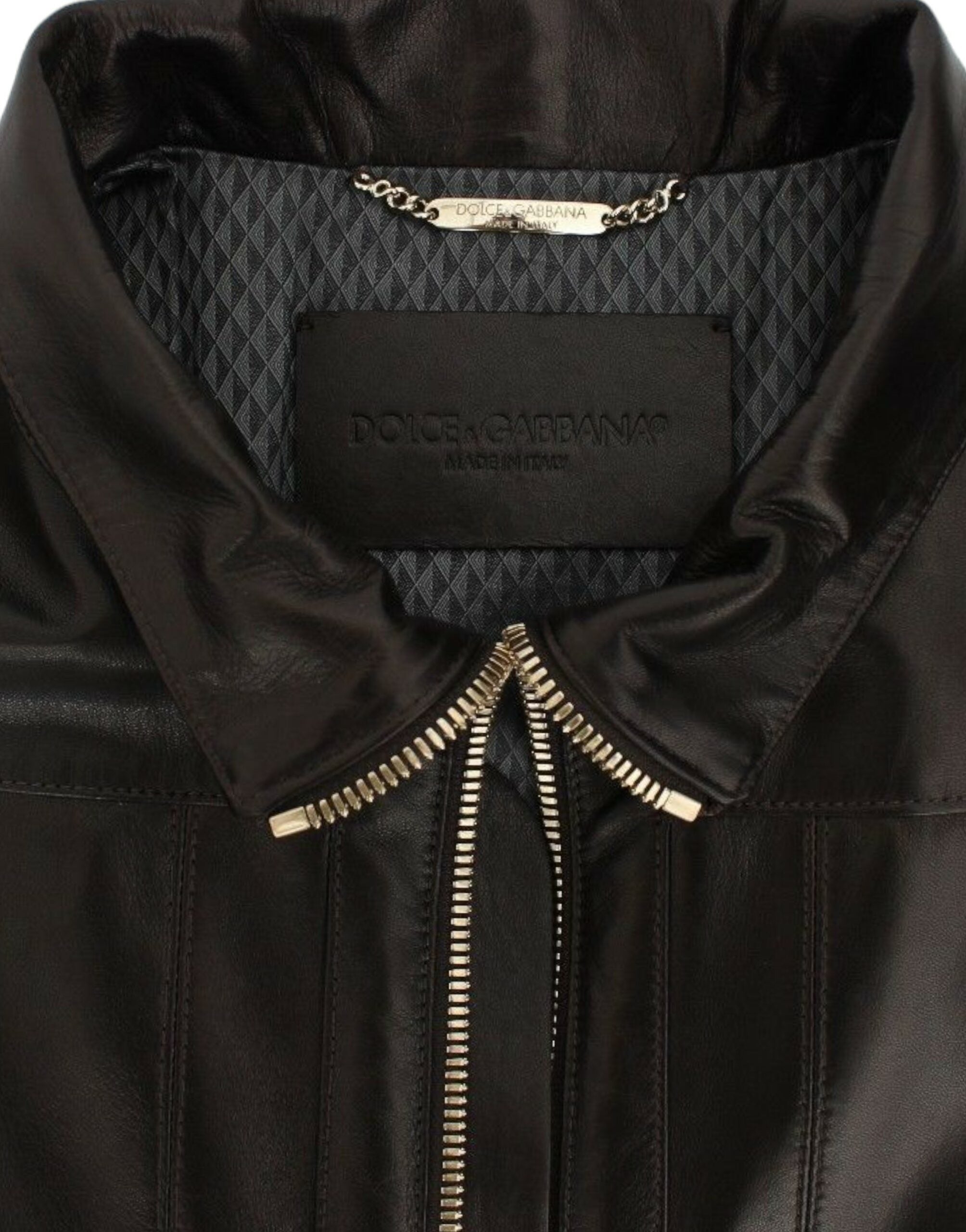 Veste en cuir d'agneau marron Dolce & Gabbana avec fermeture éclair, style élégant et détails sophistiqués.