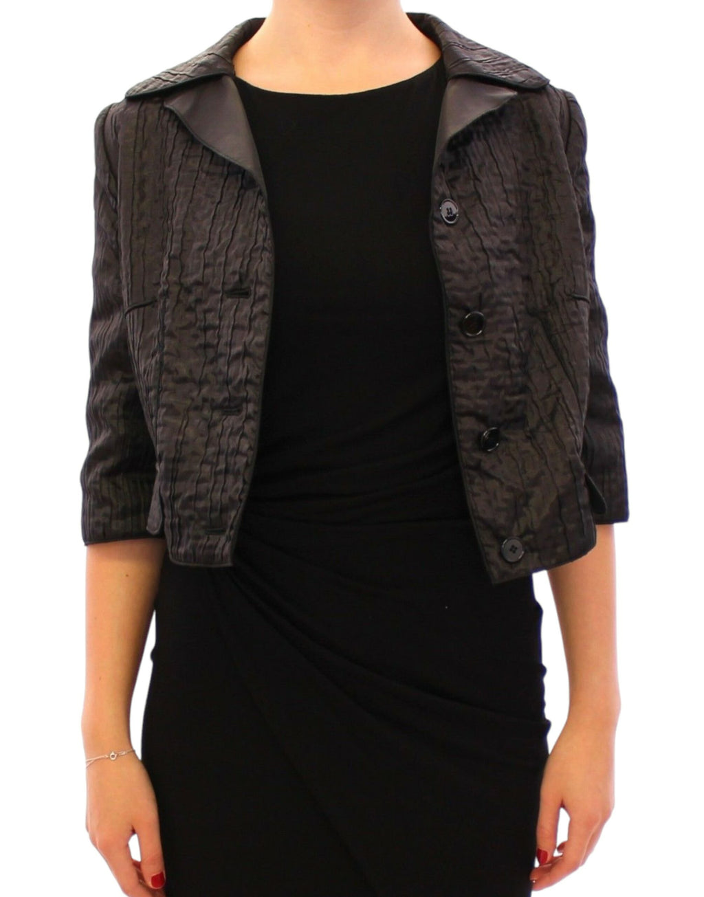 Veste boléro courte noire Dolce & Gabbana en tissu chic, avec manches courtes et design élégant.