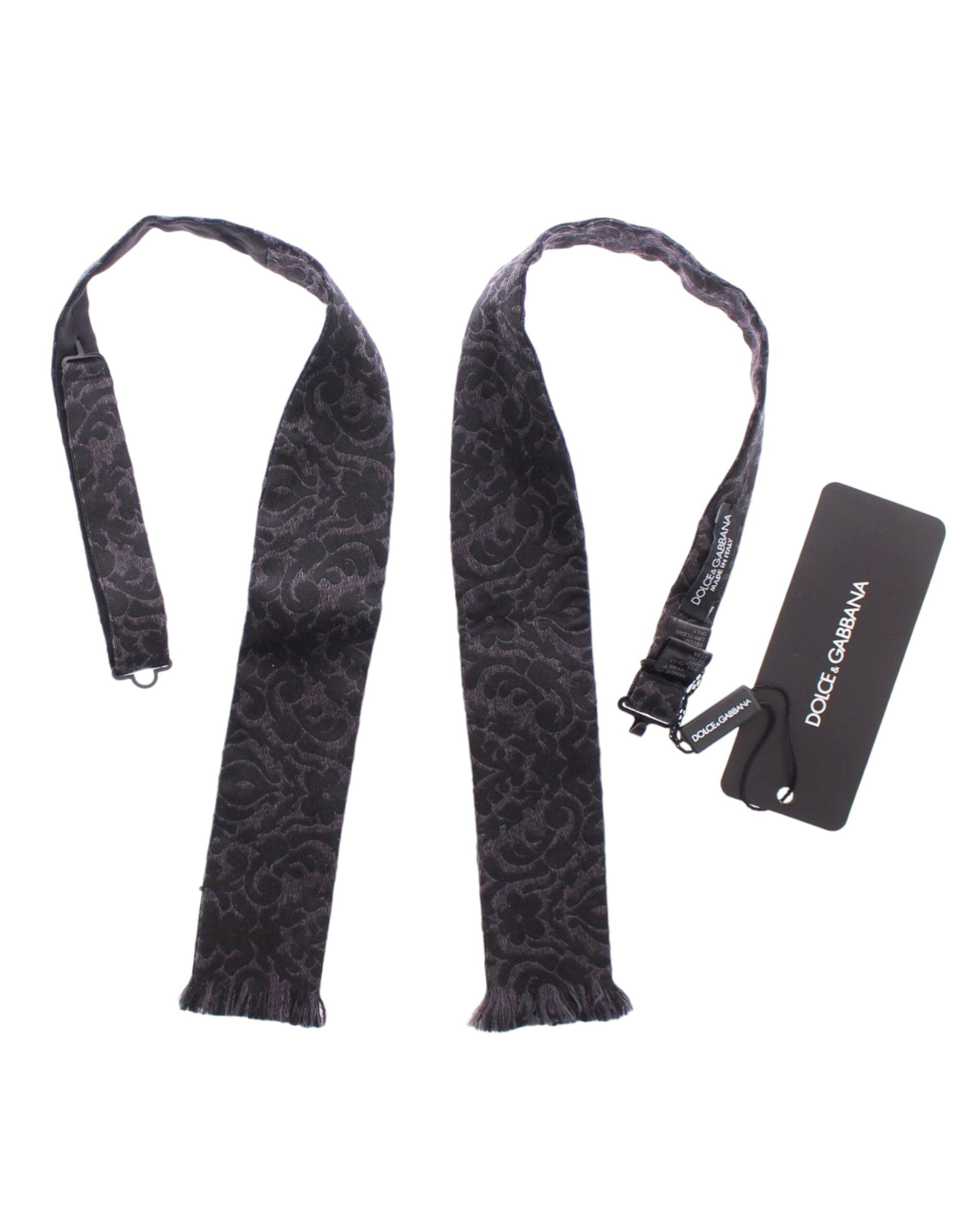 Dolce & Gabbana Dark Gray Wool Silk Brand Baroque Paisley Bow Tie Men