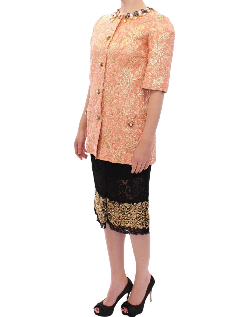 Veste en soie rose brocardée Dolce & Gabbana ornée de cristaux, élégante manteau de luxe pour femmes.
