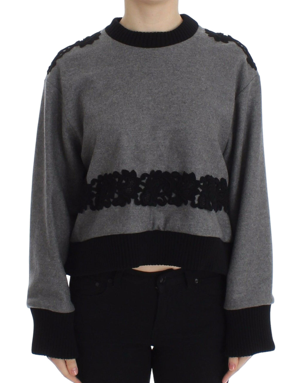 Pull Dolce & Gabbana en laine, cachemire et dentelle gris noir, mode élégante et confortable pour femmes.