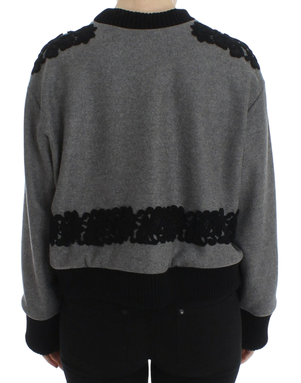 Pull Dolce & Gabbana en laine, cachemire et dentelle gris et noir, élégant et confortable, pour femmes.