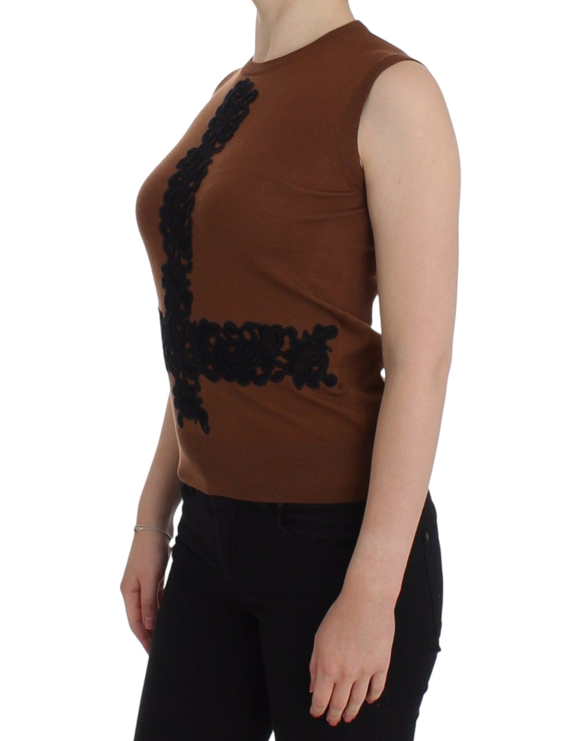 Gilet en laine marron et noir avec dentelle, Dolce & Gabbana, pull sans manches élégant pour femme.