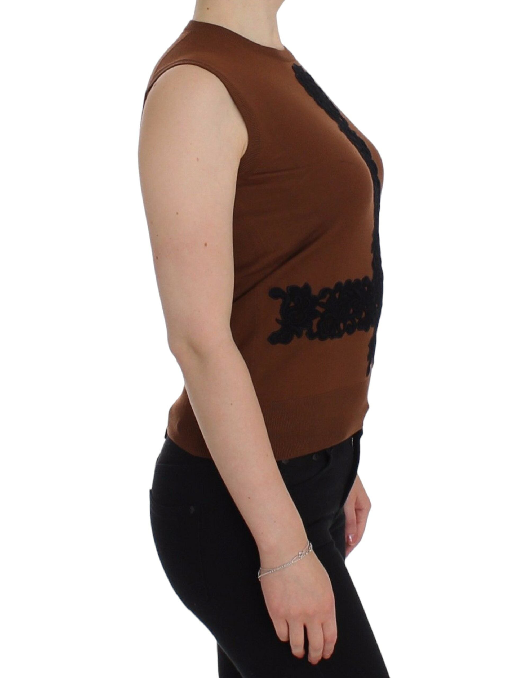 Gilet en laine marron et noir avec dentelle noire de Dolce & Gabbana, pull sans manches élégant et sophistiqué.