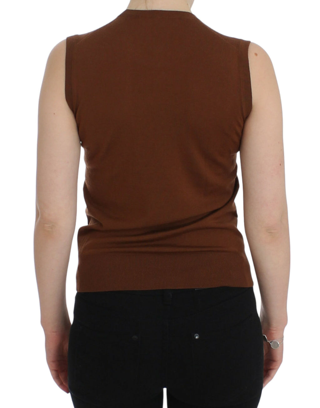 Pull en laine marron et noire avec dentelle, top Dolce & Gabbana, élégant et sophistiqué, porté sur un mannequin.