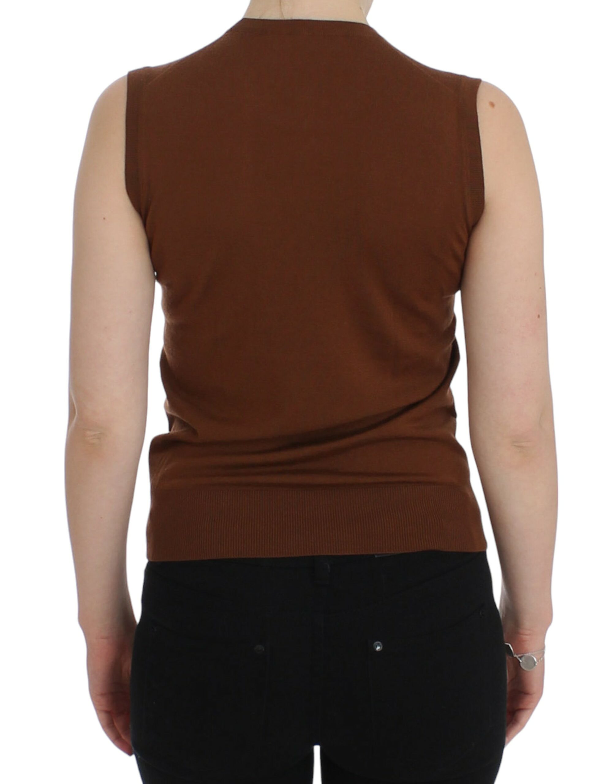Pull en laine marron et noire avec dentelle, top Dolce & Gabbana, élégant et sophistiqué, porté sur un mannequin.