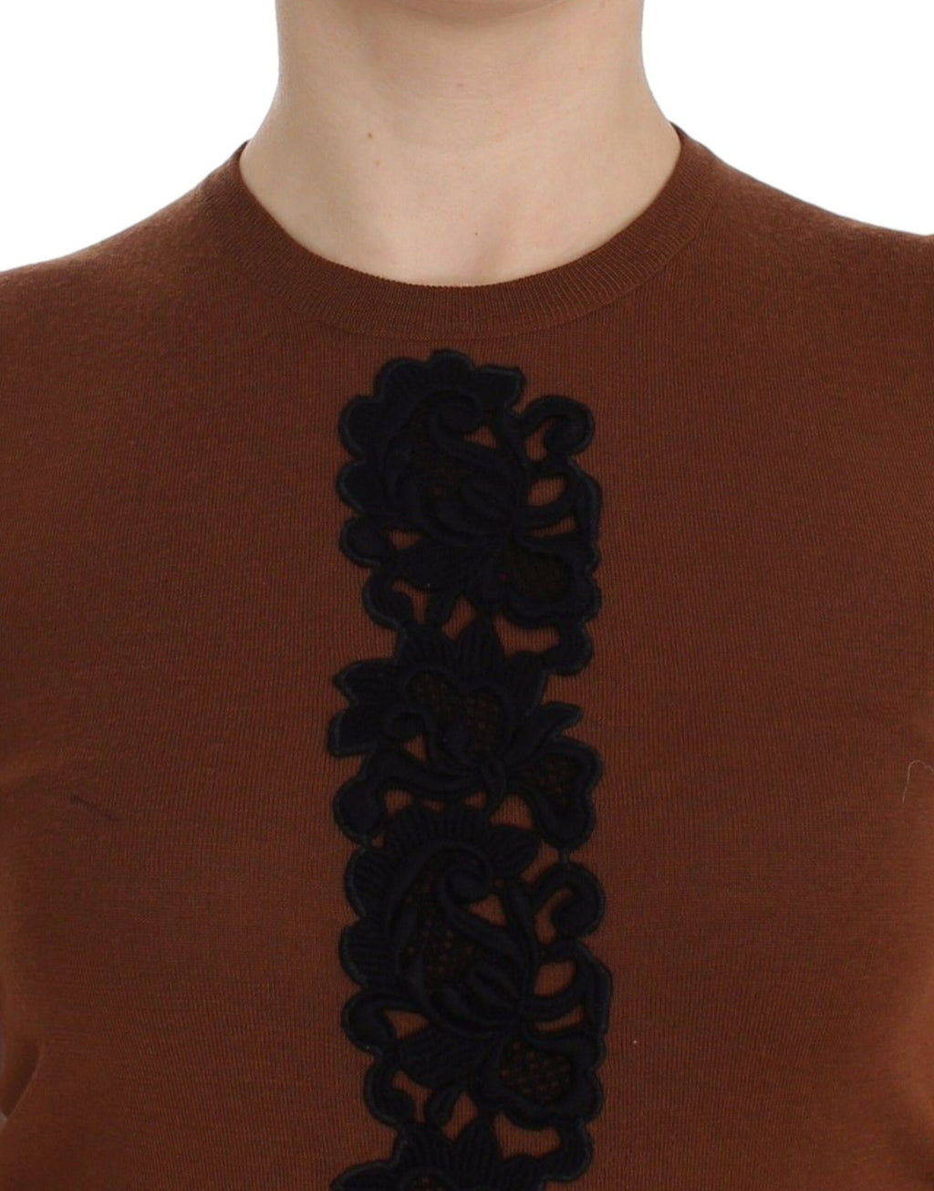 Gilet en laine marron et noir avec dentelle de Dolce & Gabbana, pull élégant à manches longues et détails sophistiqués.