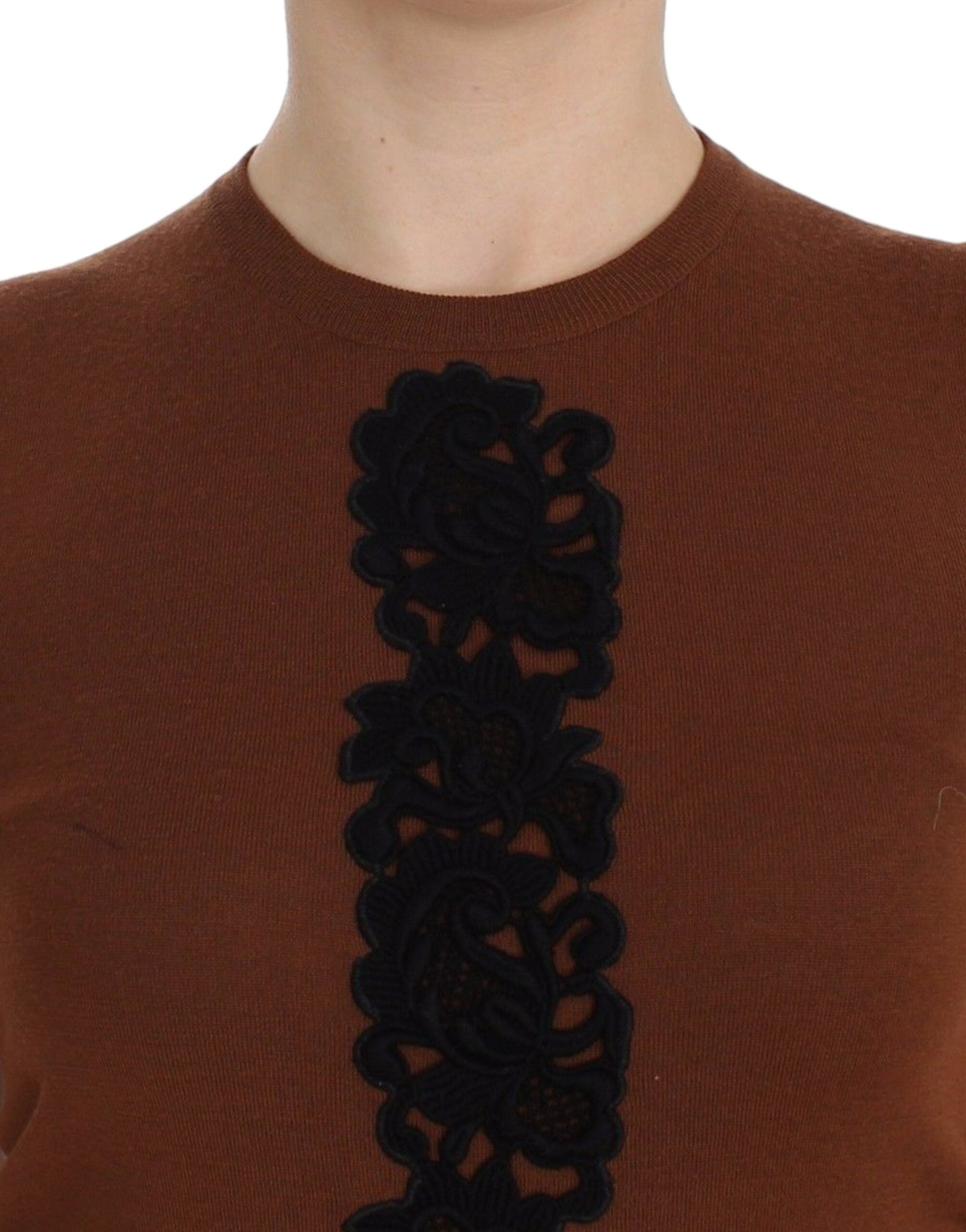Gilet en laine marron et noir avec dentelle de Dolce & Gabbana, pull élégant à manches longues et détails sophistiqués.