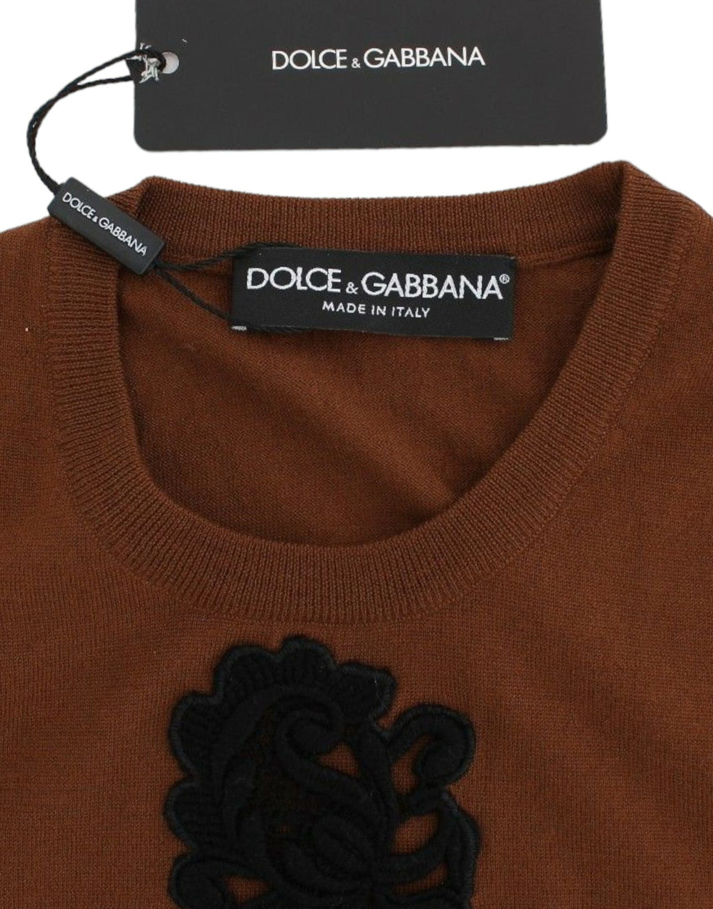 Pull en laine marron et noire avec dentelle Dolce & Gabbana, top élégant en style vest ou chemisier.