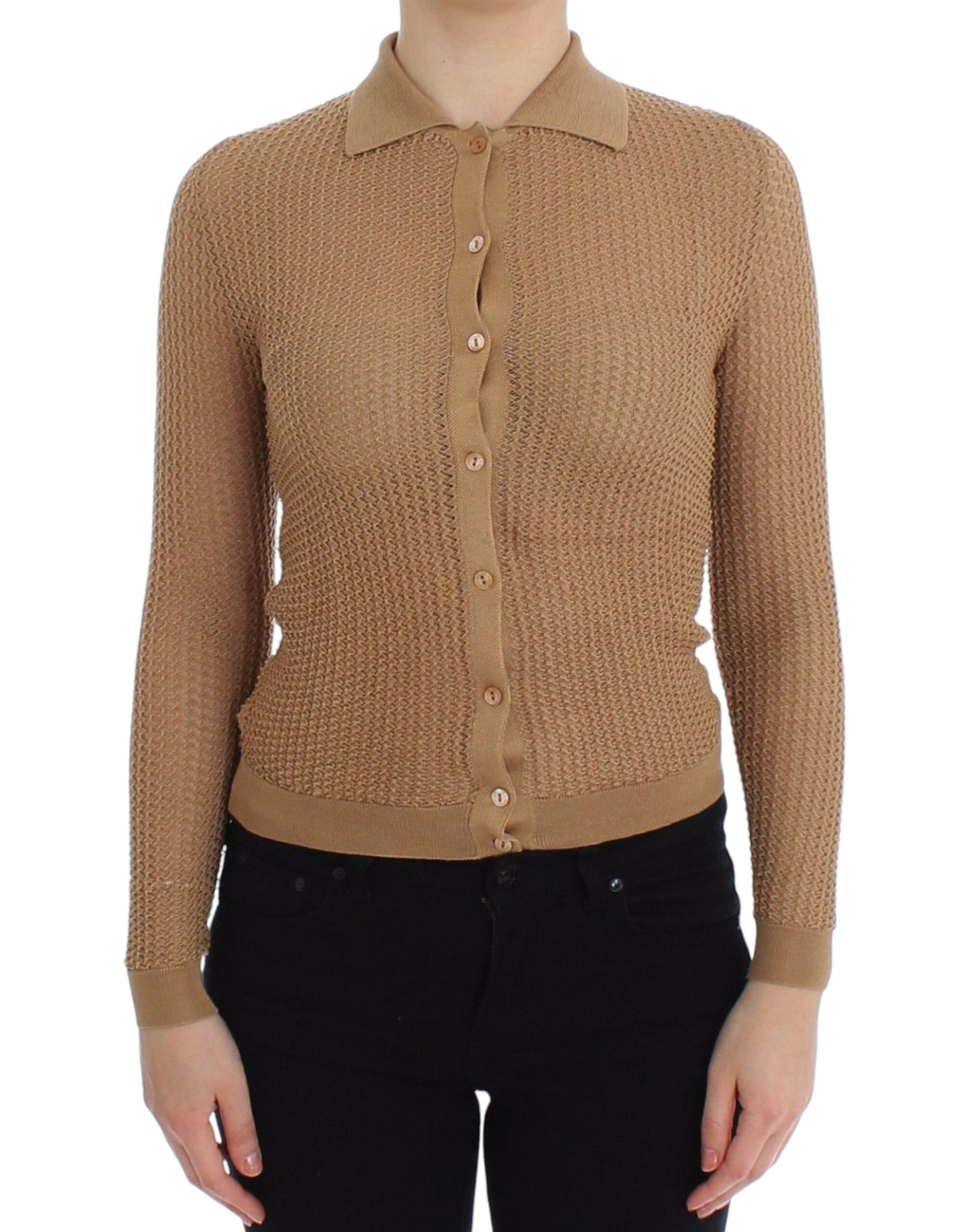 Pull en coton beige Dolce & Gabbana à maille, cardigan polo élégant avec col classique et boutons.
