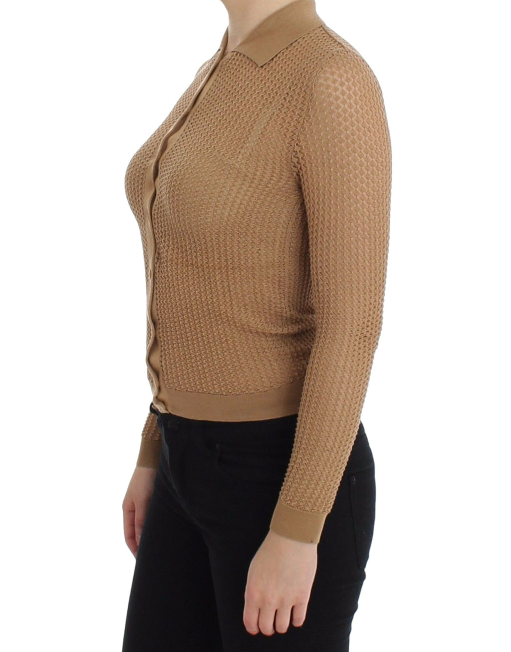 Pull en coton beige Dolce & Gabbana, cardigan tricoté avec col polo, détail élégant et texture douce visible sur l'image.