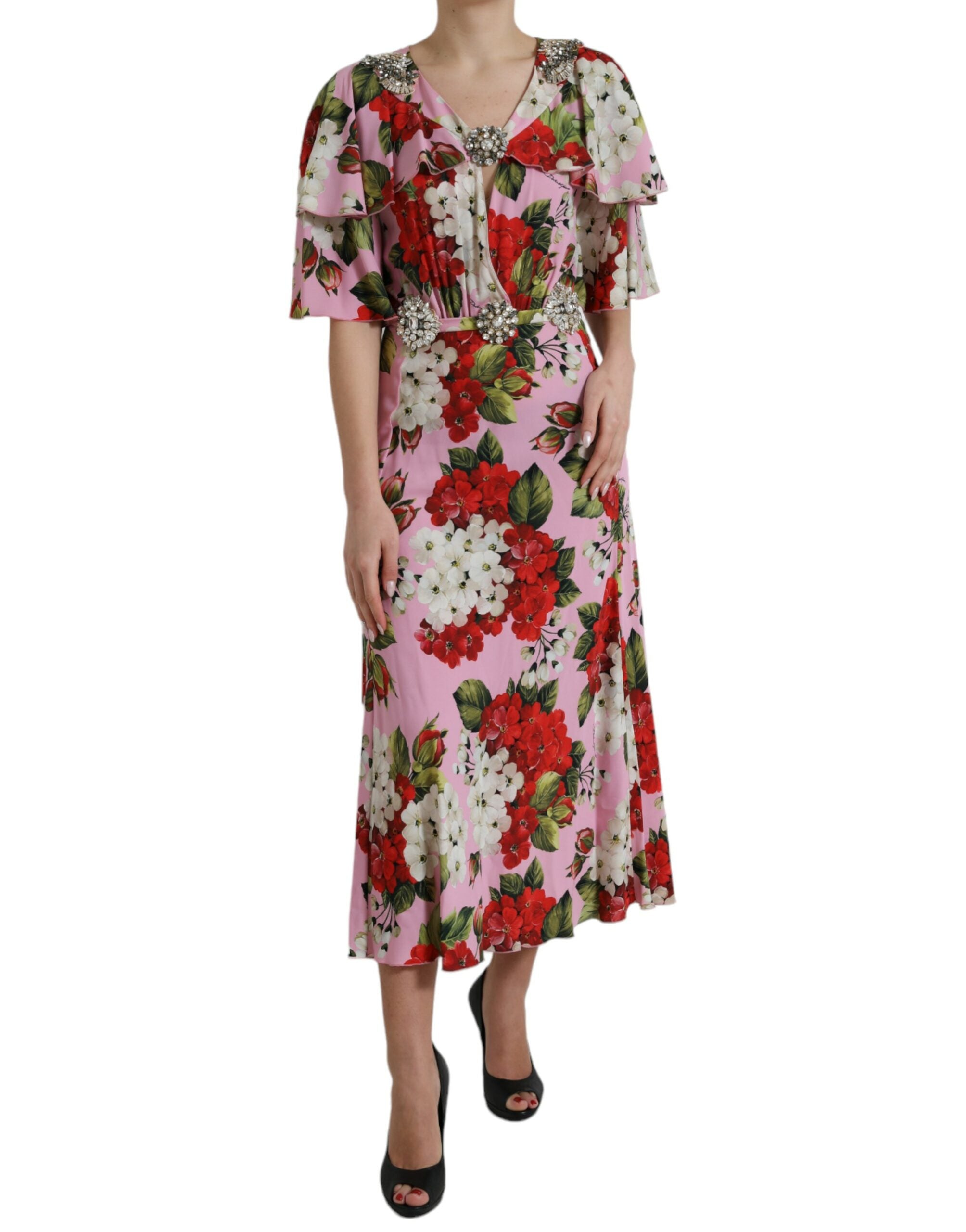 Robe à ligne A Dolce & Gabbana multicolore à fleurs avec cristaux, élégante et ornée de détails scintillants.