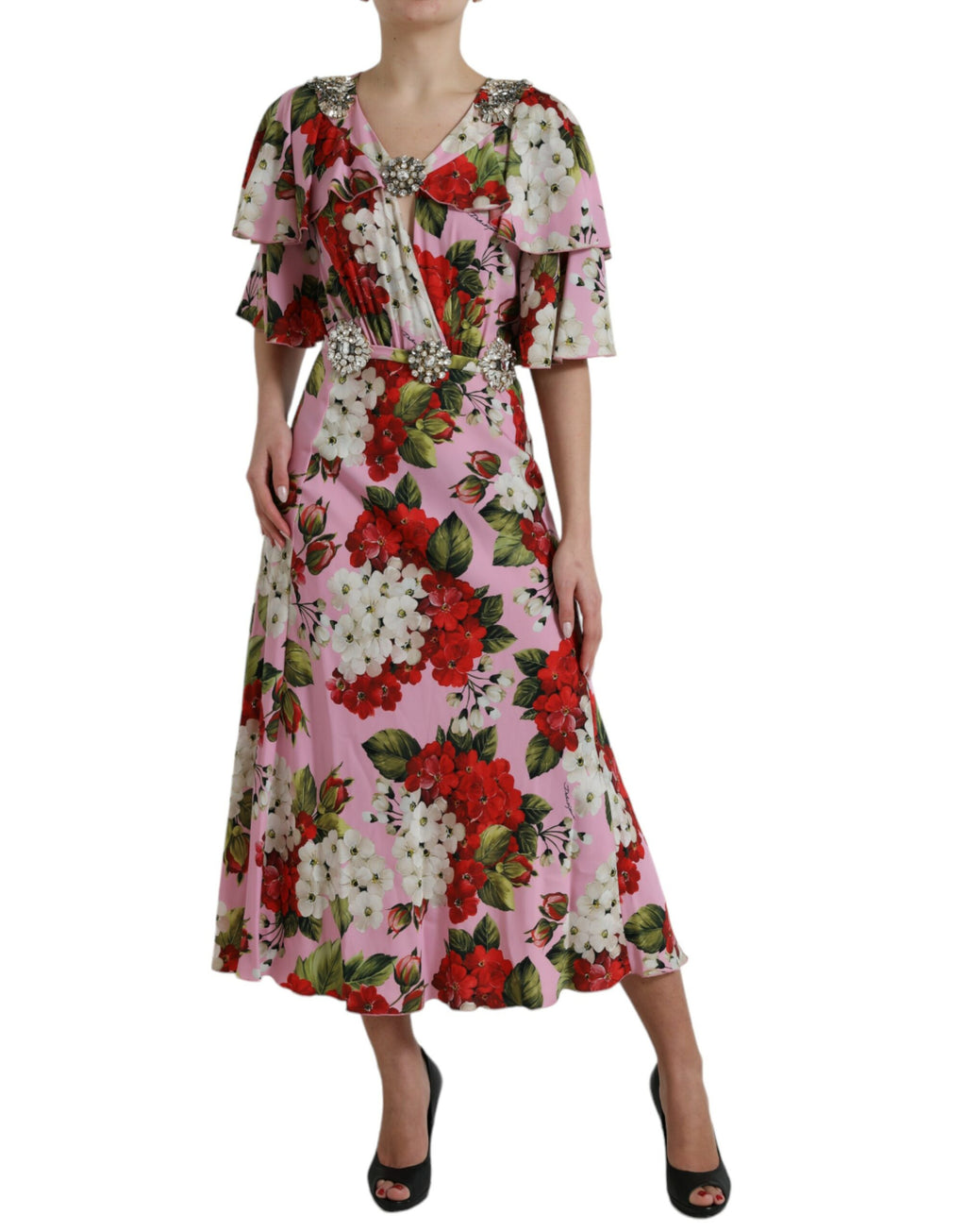 Robe A-line à fleurs multicolores Dolce & Gabbana ornée de cristaux brillants, élégante et festive.