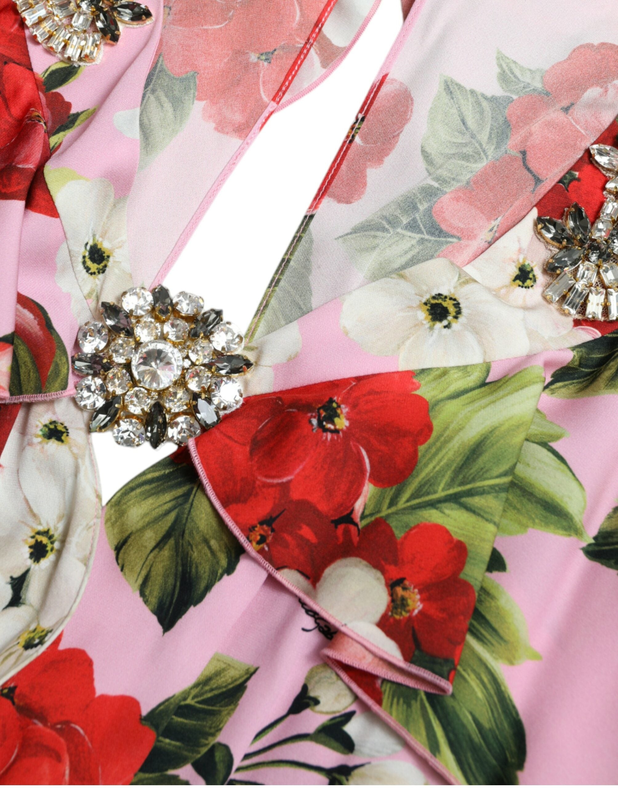 Robe Dolce & Gabbana à ligne A, florale multicolore ornée de cristaux brillants, élégante et sophistiquée.