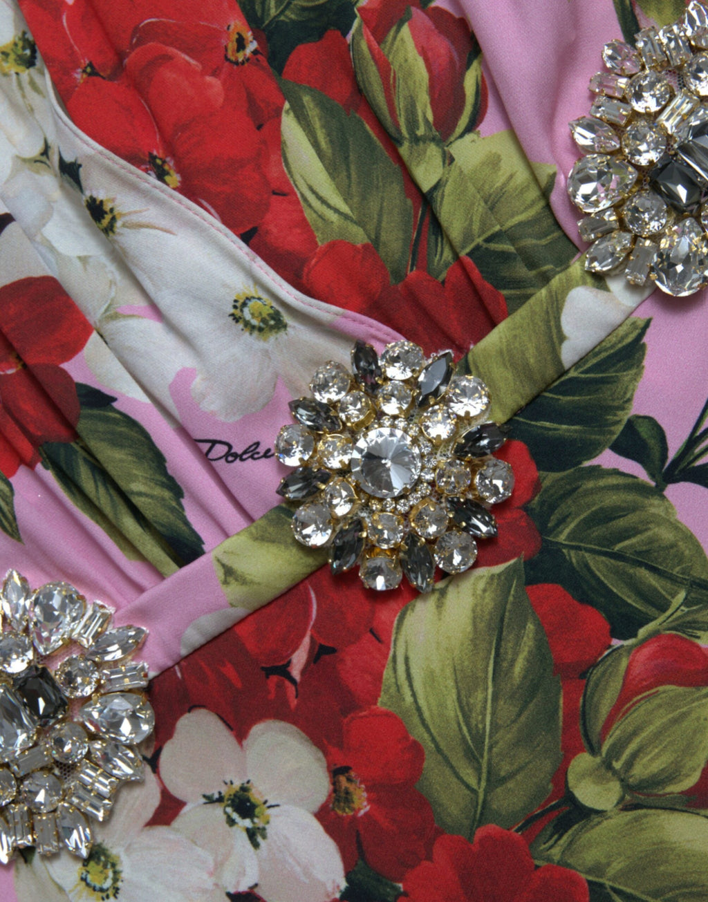 Robe à ligne A Dolce & Gabbana multicolore avec fleurs en cristal, élégante et ornée de détails floraux brillants.