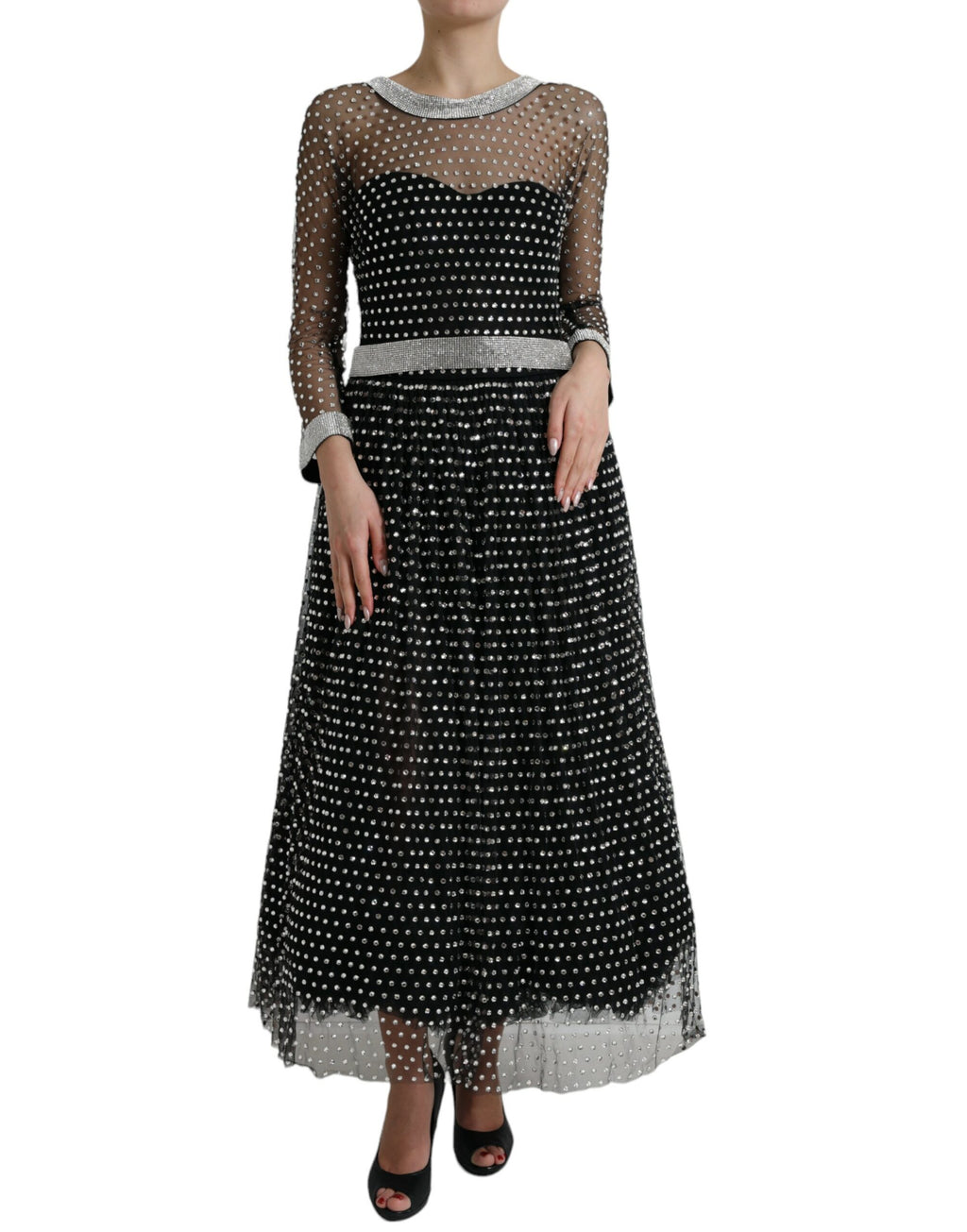 Robe longue noire Dolce & Gabbana à ligne évasée avec embellissements en cristaux.